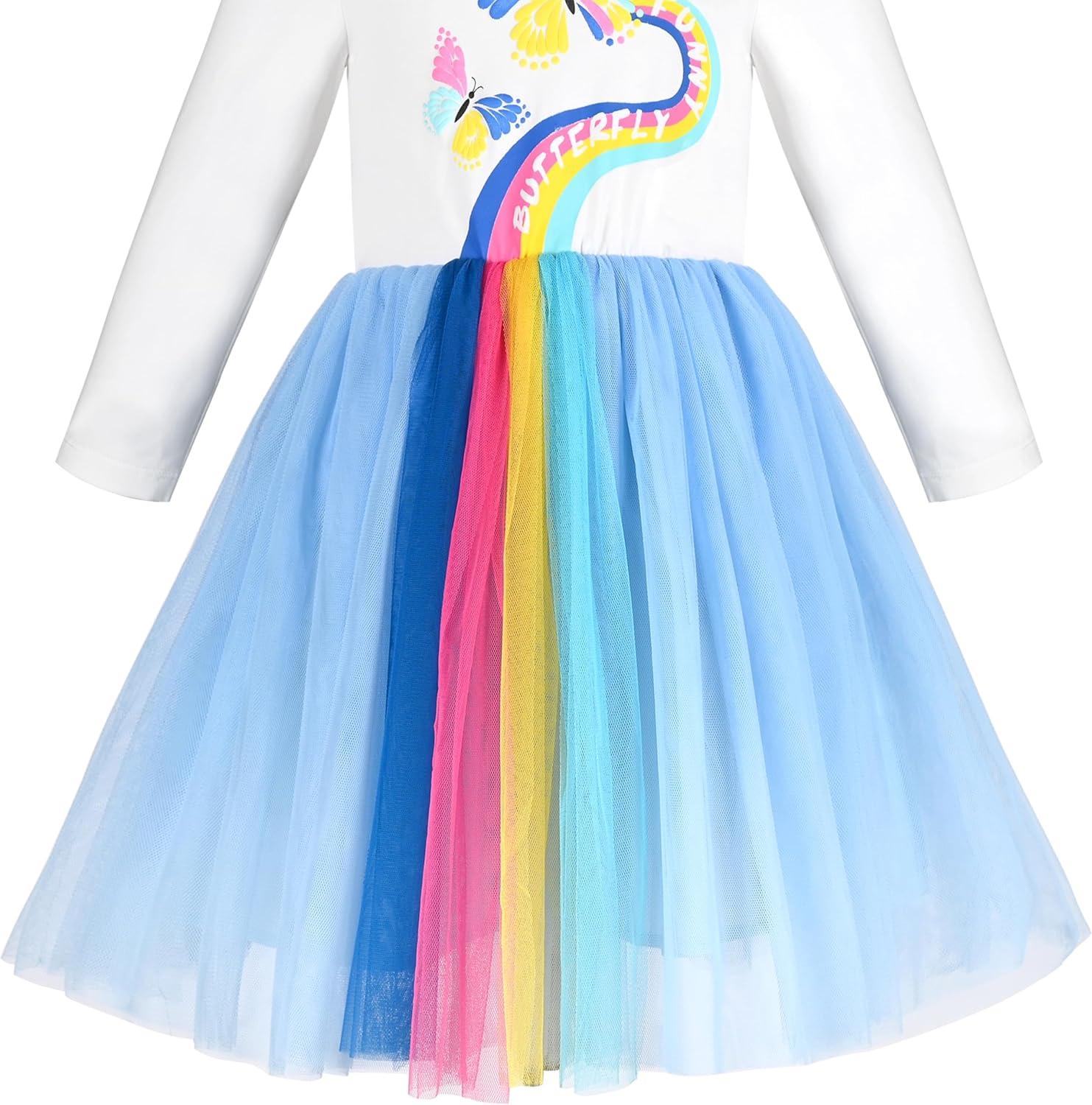 imageSunny Fashion Girls Dress Beige Cream Sequin Heart Butterfly Tulle Skirt Long SleeveRainbow Butterfly