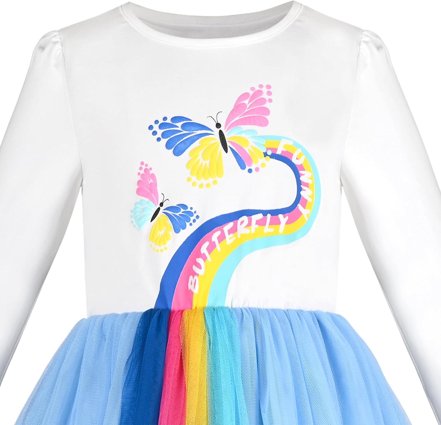 imageSunny Fashion Girls Dress Beige Cream Sequin Heart Butterfly Tulle Skirt Long SleeveRainbow Butterfly
