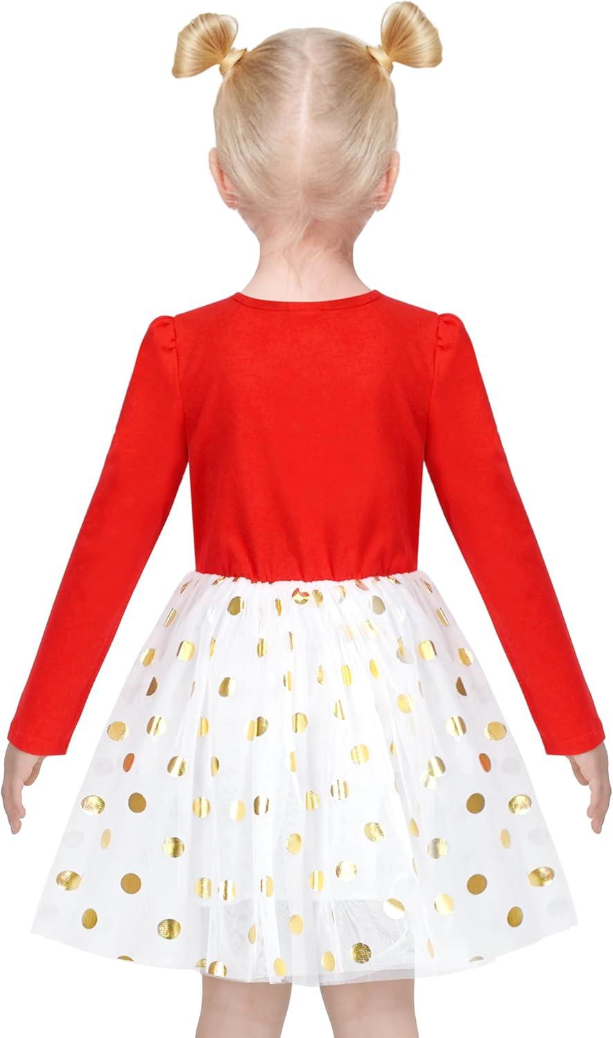 imageSunny Fashion Girls Dress Beige Cream Sequin Heart Butterfly Tulle Skirt Long SleeveRed Reindeer