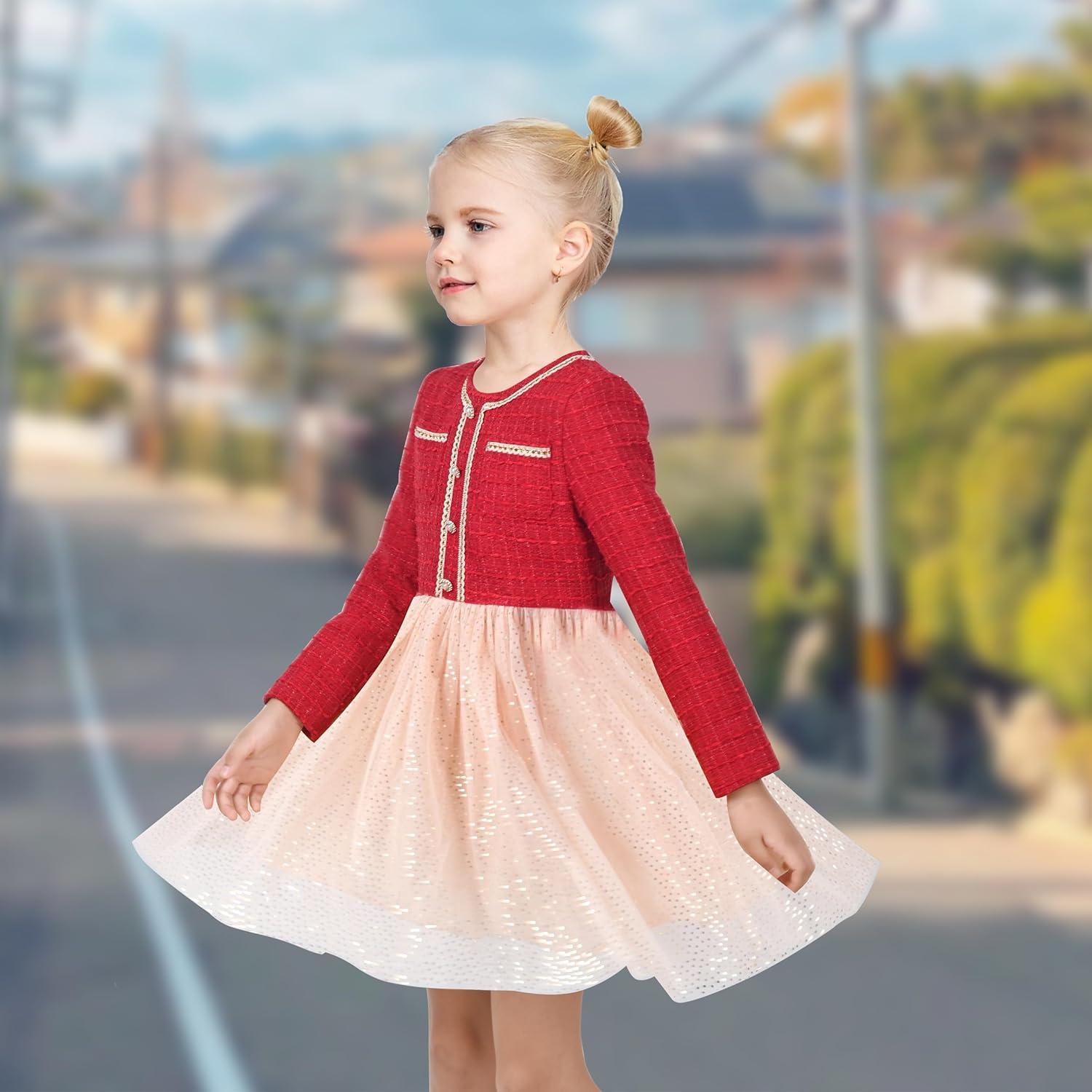 imageSunny Fashion Girls Dress Beige Cream Sequin Heart Butterfly Tulle Skirt Long SleeveRed Tulle