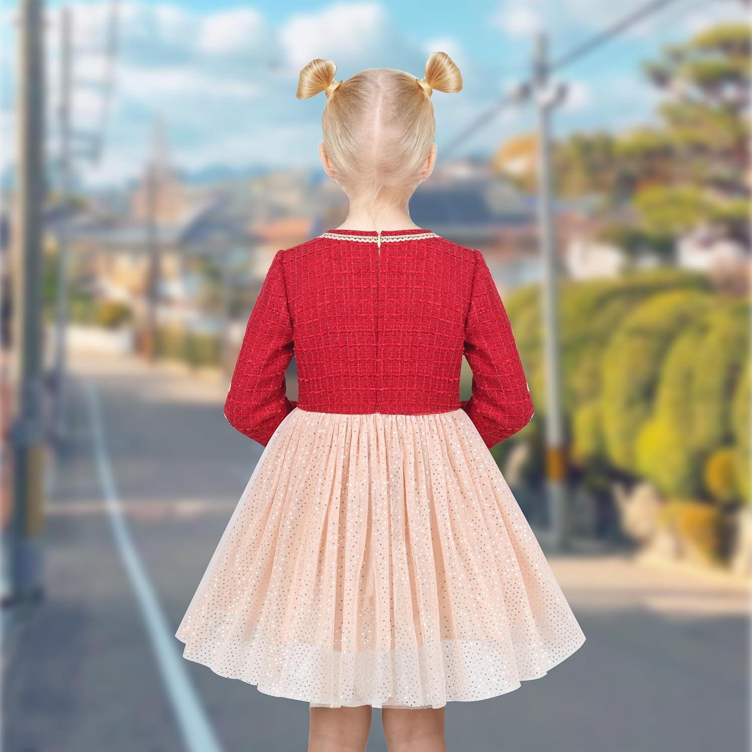 imageSunny Fashion Girls Dress Beige Cream Sequin Heart Butterfly Tulle Skirt Long SleeveRed Tulle