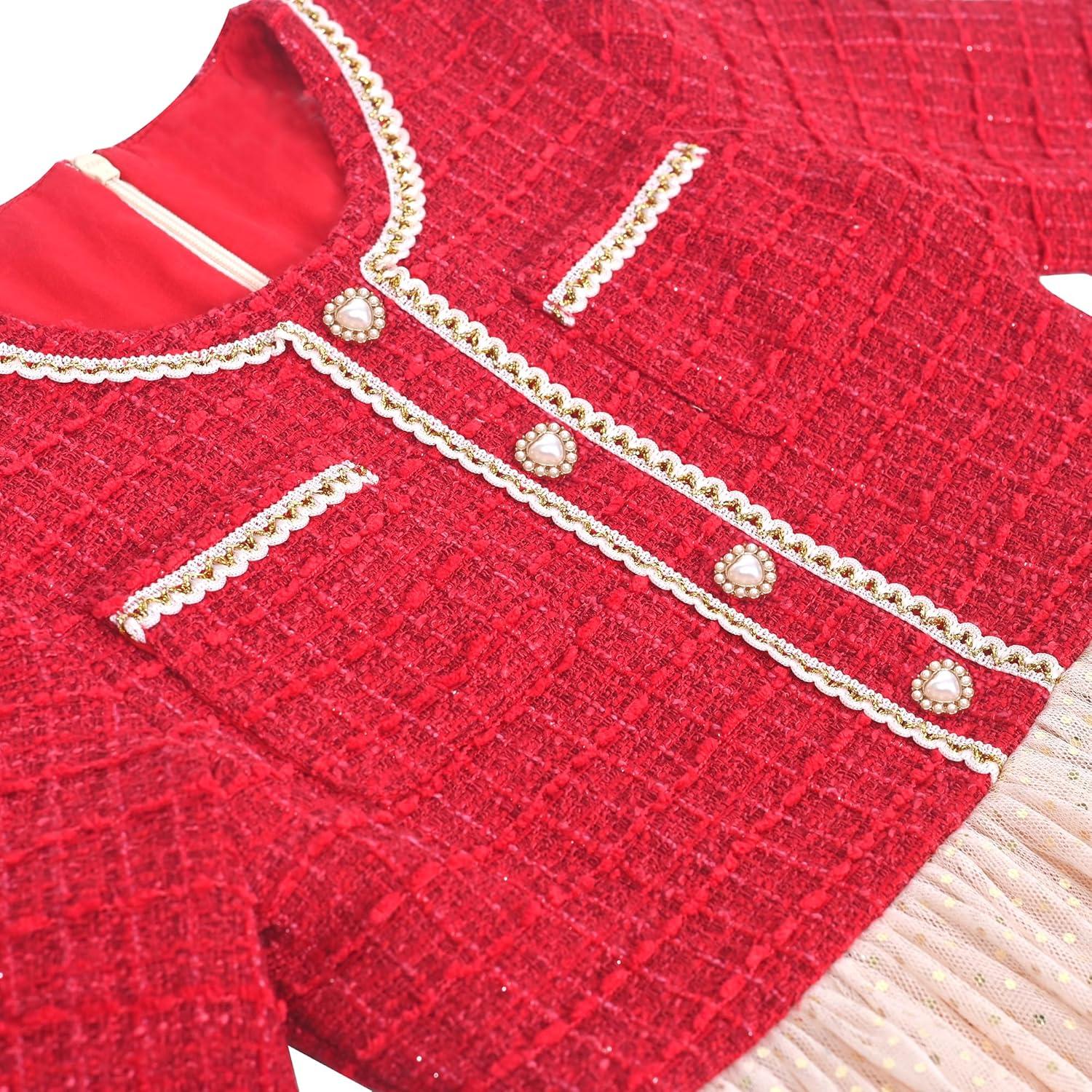 imageSunny Fashion Girls Dress Beige Cream Sequin Heart Butterfly Tulle Skirt Long SleeveRed Tulle