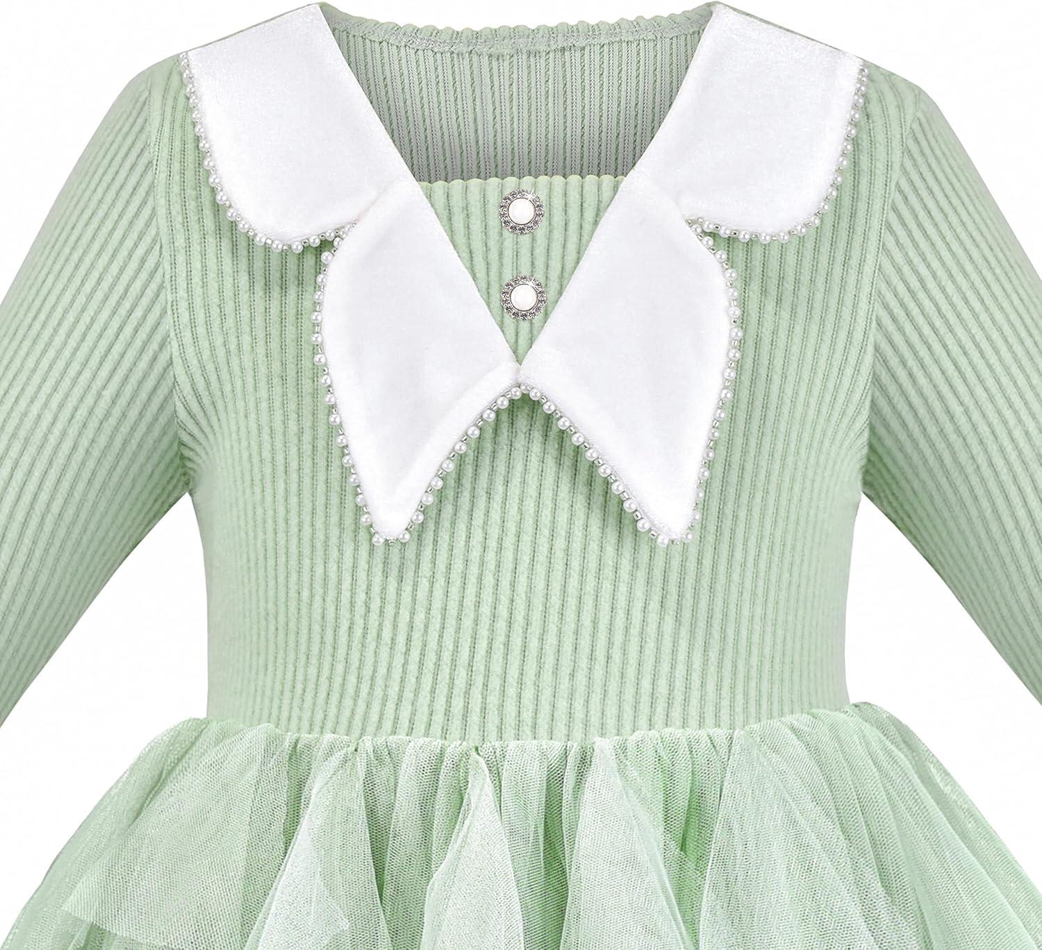 imageSunny Fashion Girls Dress Beige Cream Sequin Heart Butterfly Tulle Skirt Long SleeveSoft Green