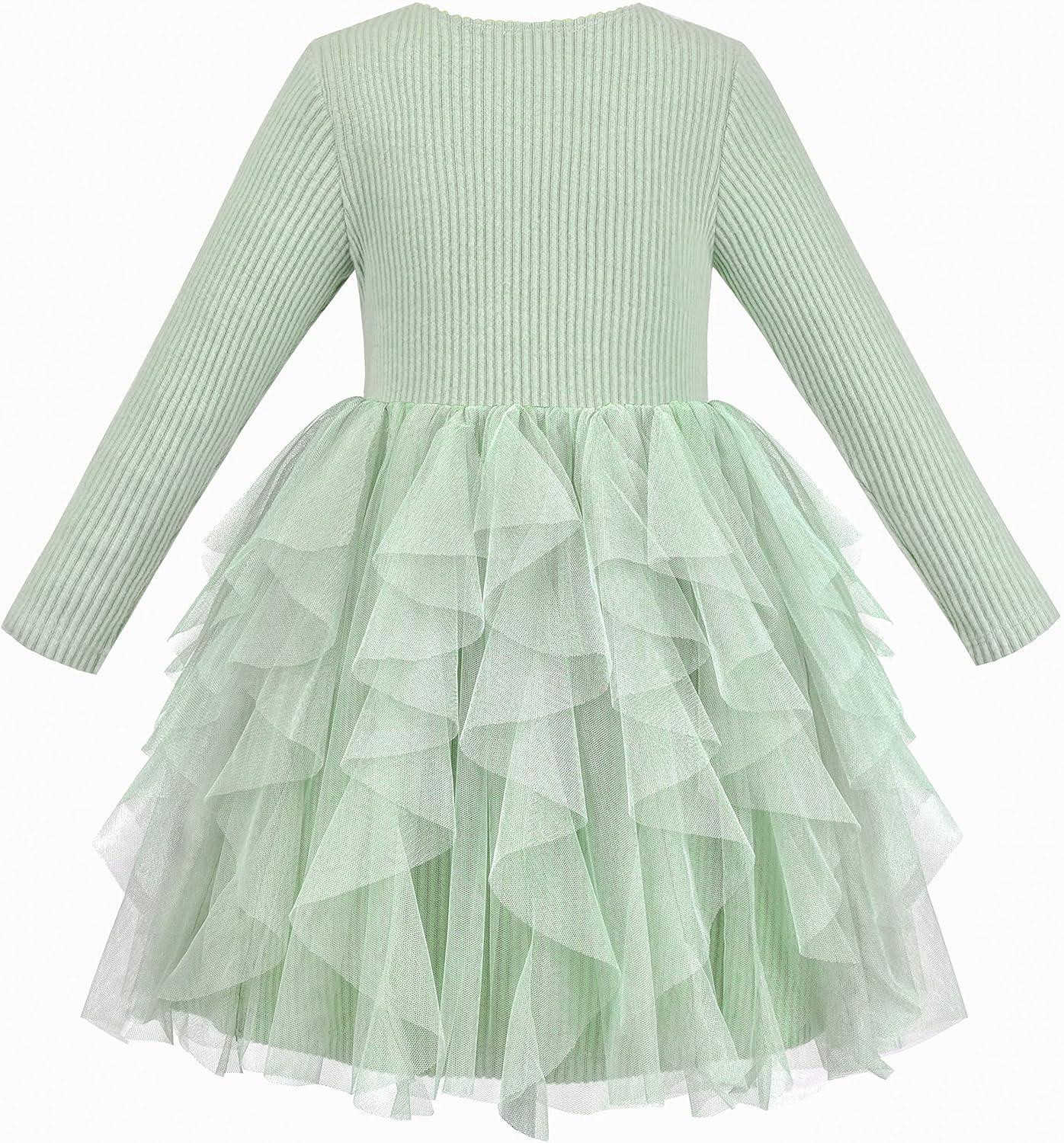 imageSunny Fashion Girls Dress Beige Cream Sequin Heart Butterfly Tulle Skirt Long SleeveSoft Green