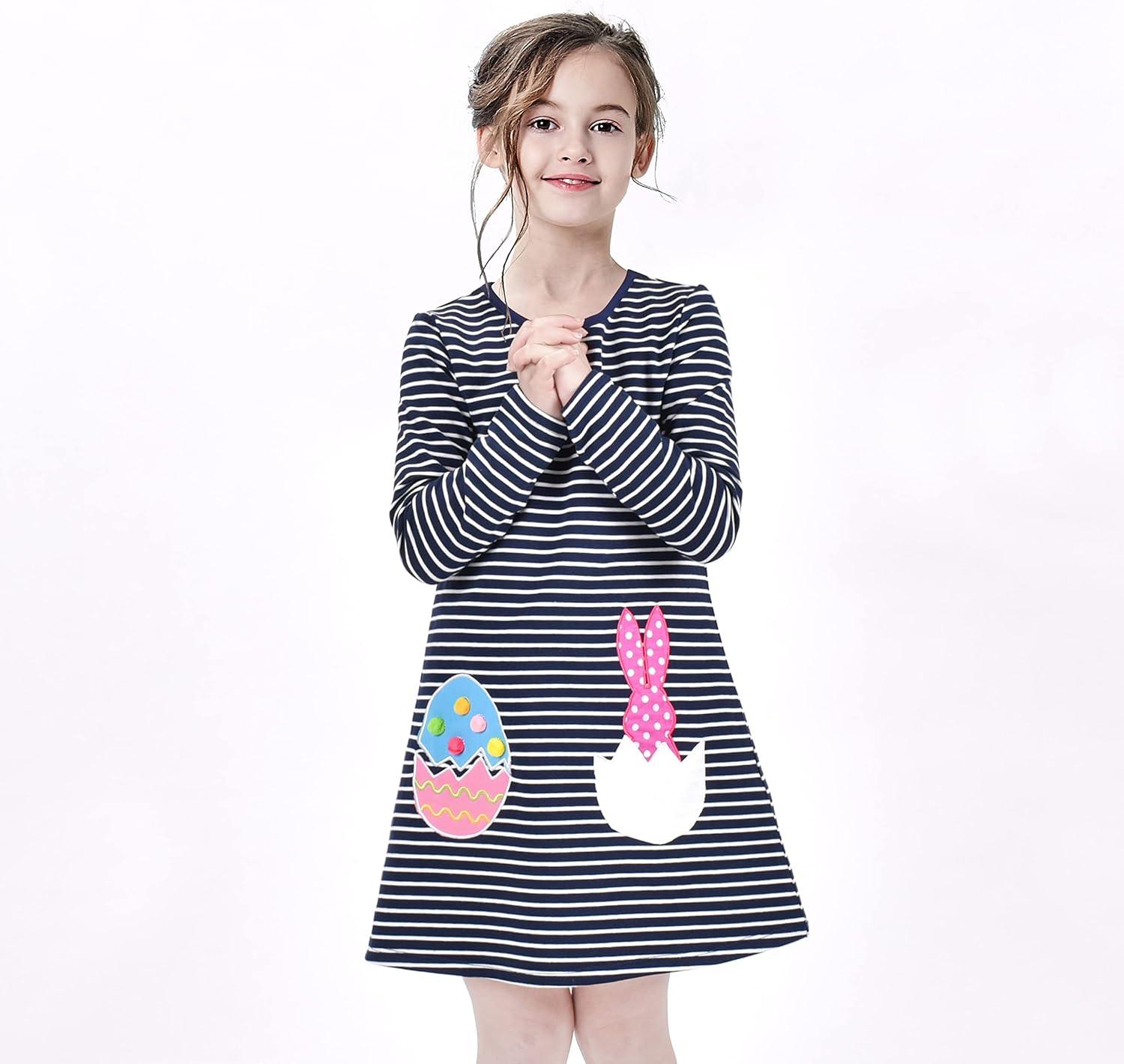 imageSunny Fashion Girls Dress Colorful Daisy Flower Rainbow Long Sleeve CottonBlue Easter Egg