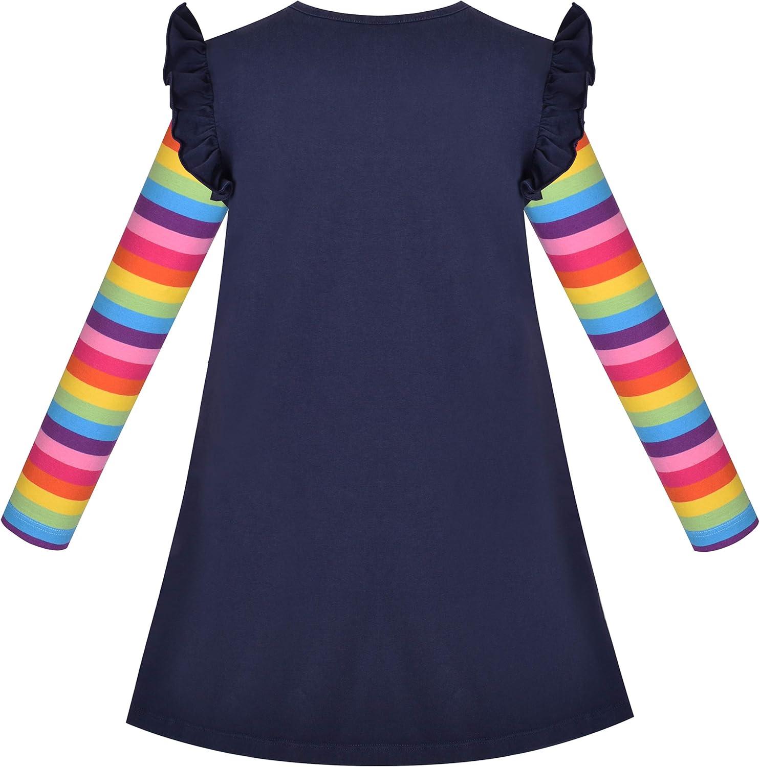imageSunny Fashion Girls Dress Colorful Daisy Flower Rainbow Long Sleeve CottonRainbow Sleeve