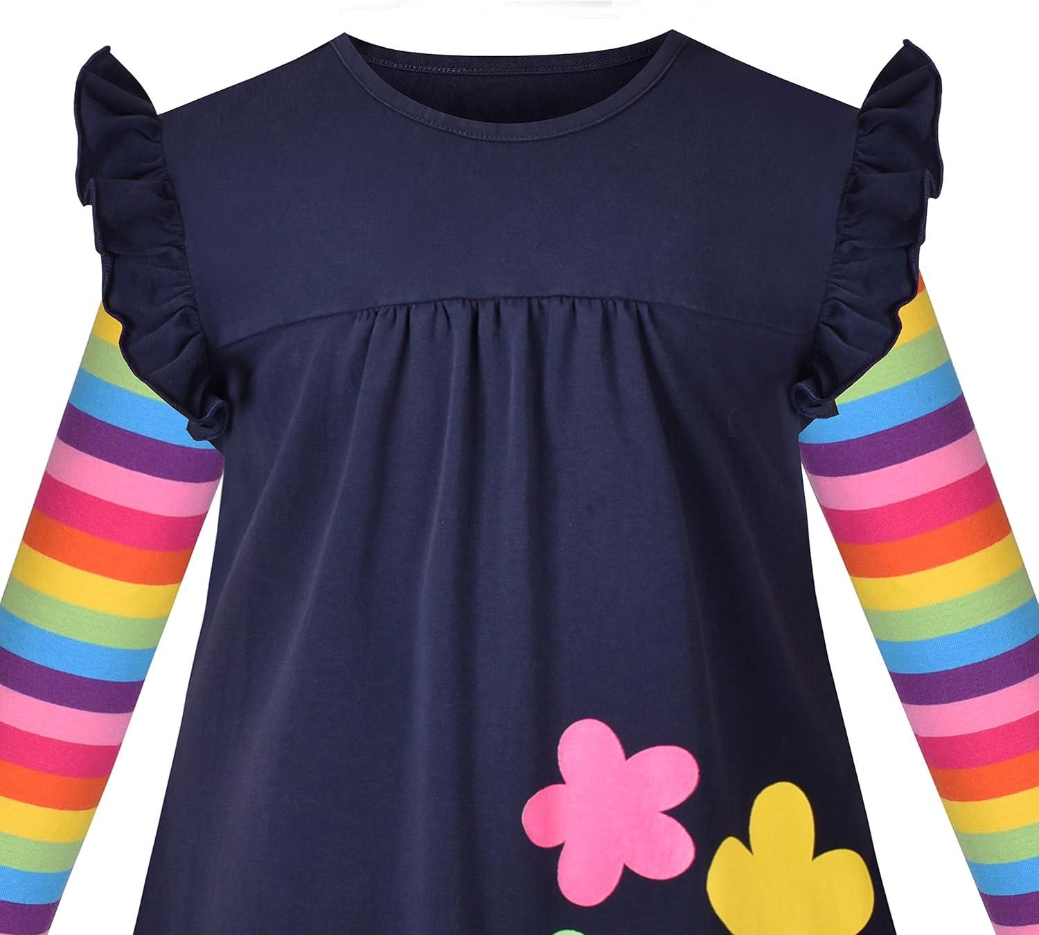imageSunny Fashion Girls Dress Colorful Daisy Flower Rainbow Long Sleeve CottonRainbow Sleeve