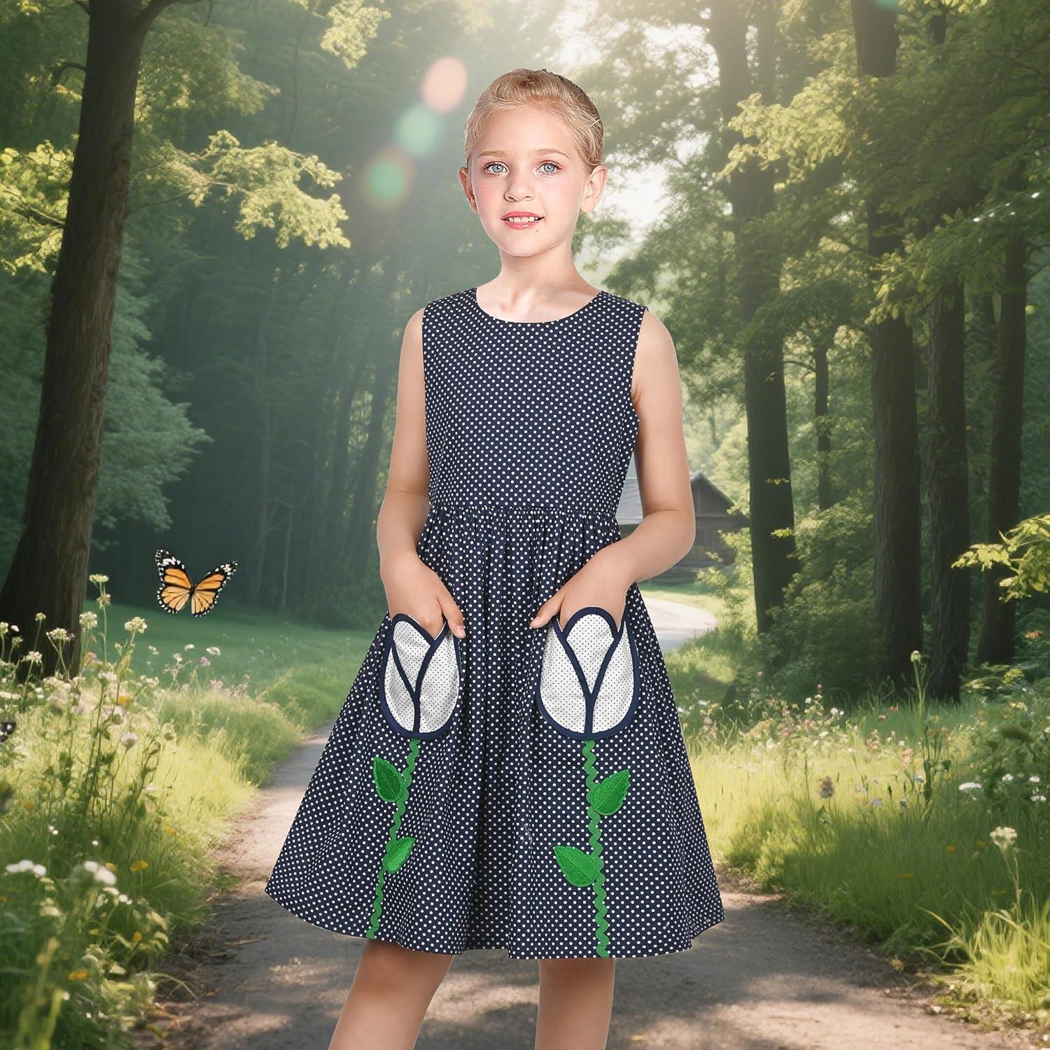 imageSunny Fashion Girls Dress Red Polka Dot Pocket Floral Summer Casual CottonBlue Tulip