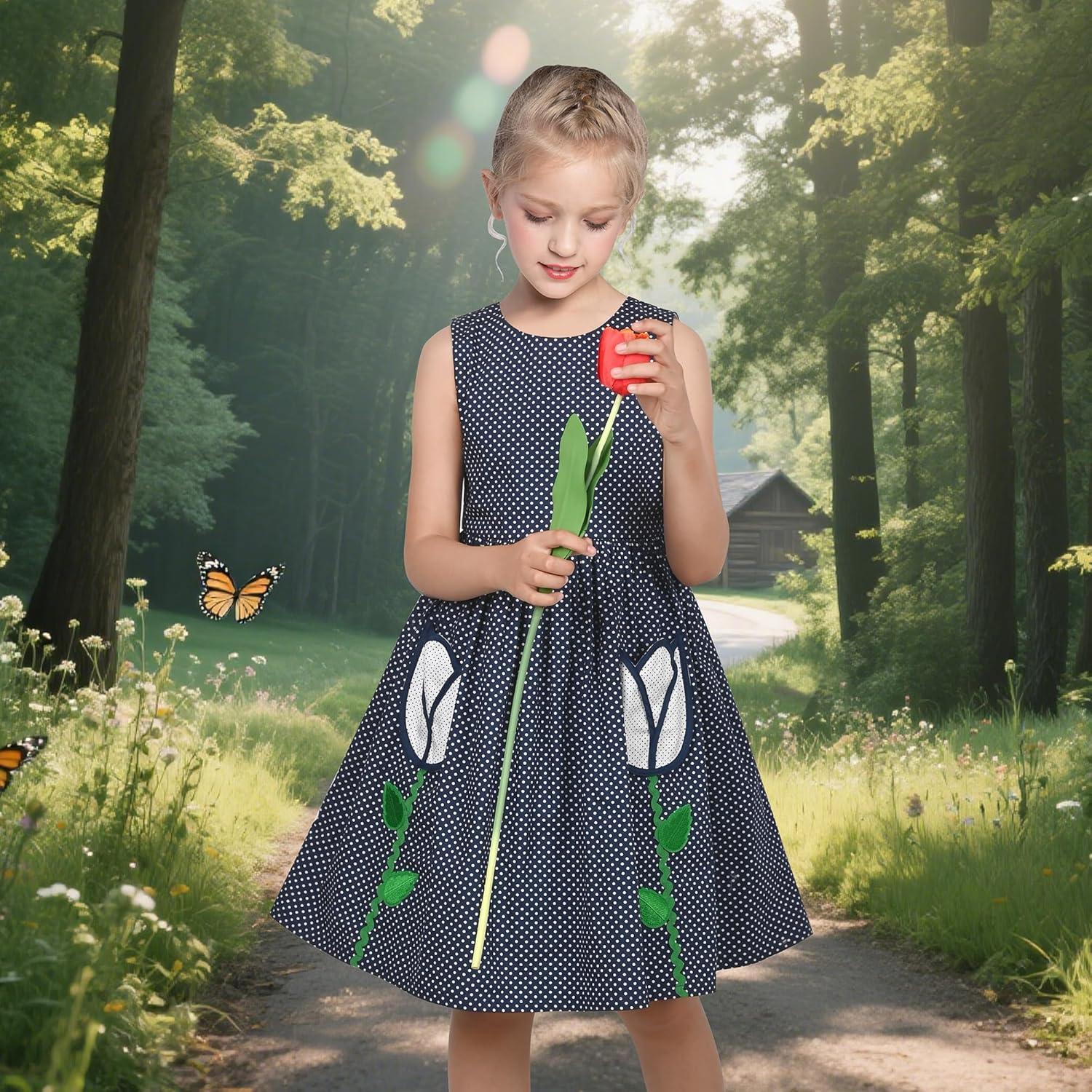 imageSunny Fashion Girls Dress Red Polka Dot Pocket Floral Summer Casual CottonBlue Tulip