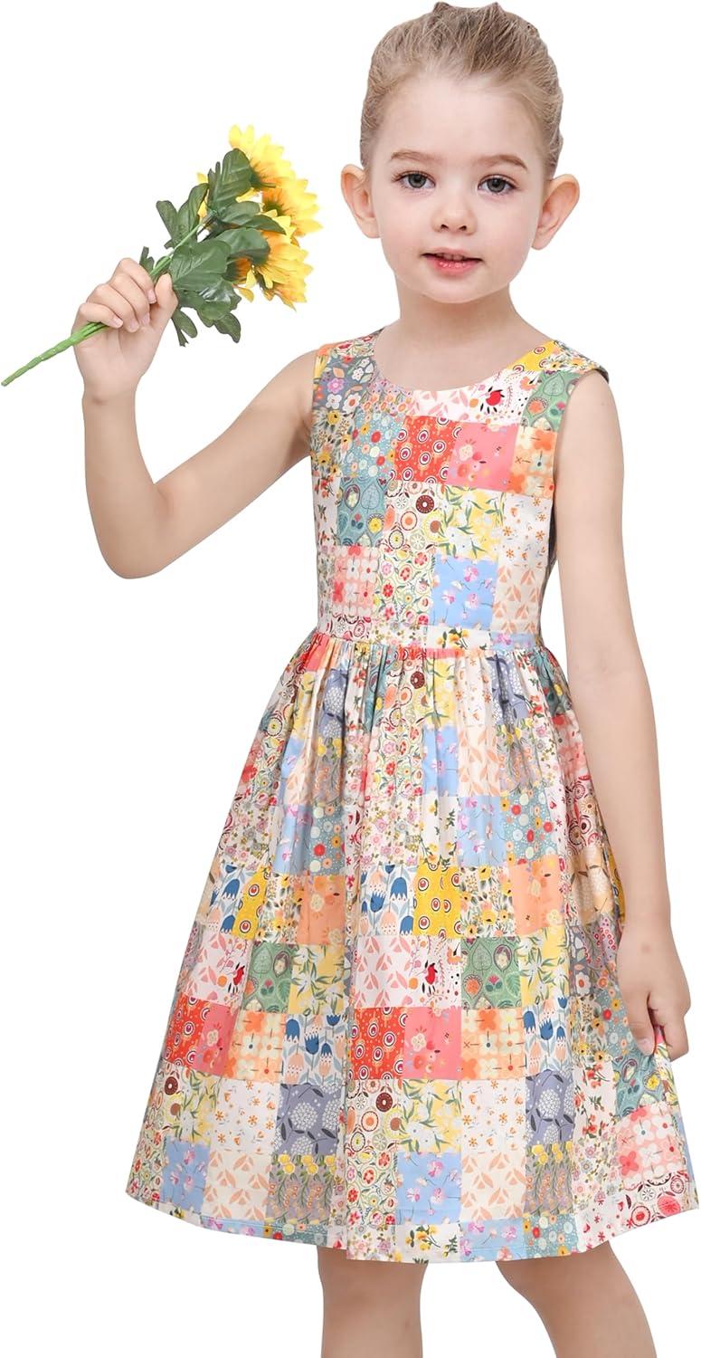 imageSunny Fashion Girls Dress Red Polka Dot Pocket Floral Summer Casual CottonMulticolor