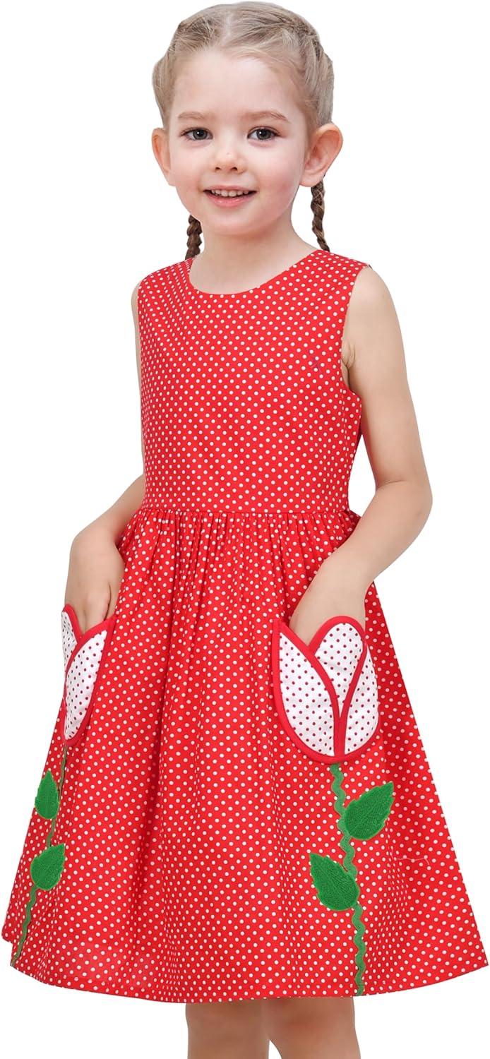 imageSunny Fashion Girls Dress Red Polka Dot Pocket Floral Summer Casual CottonRed
