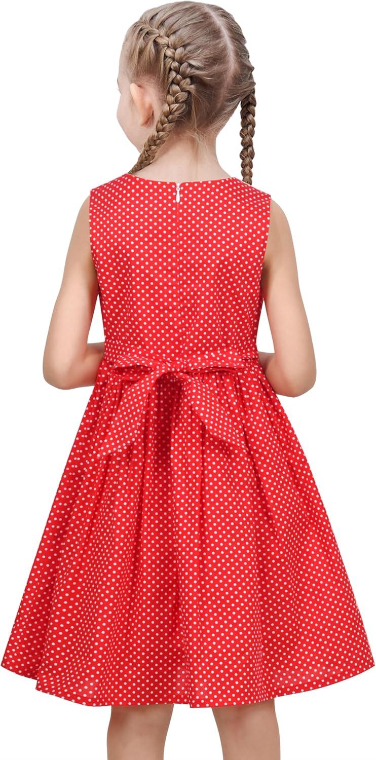 imageSunny Fashion Girls Dress Red Polka Dot Pocket Floral Summer Casual CottonRed