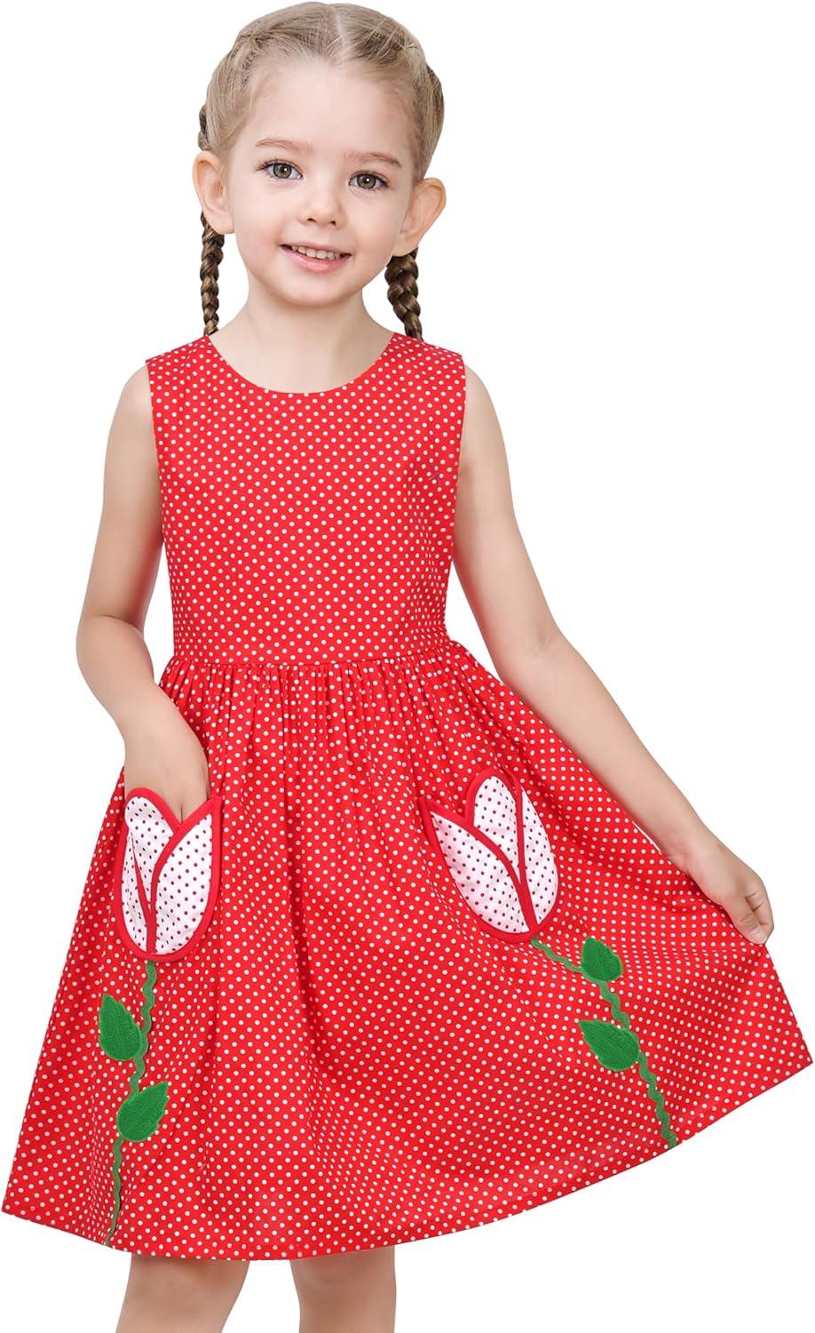 imageSunny Fashion Girls Dress Red Polka Dot Pocket Floral Summer Casual CottonRed