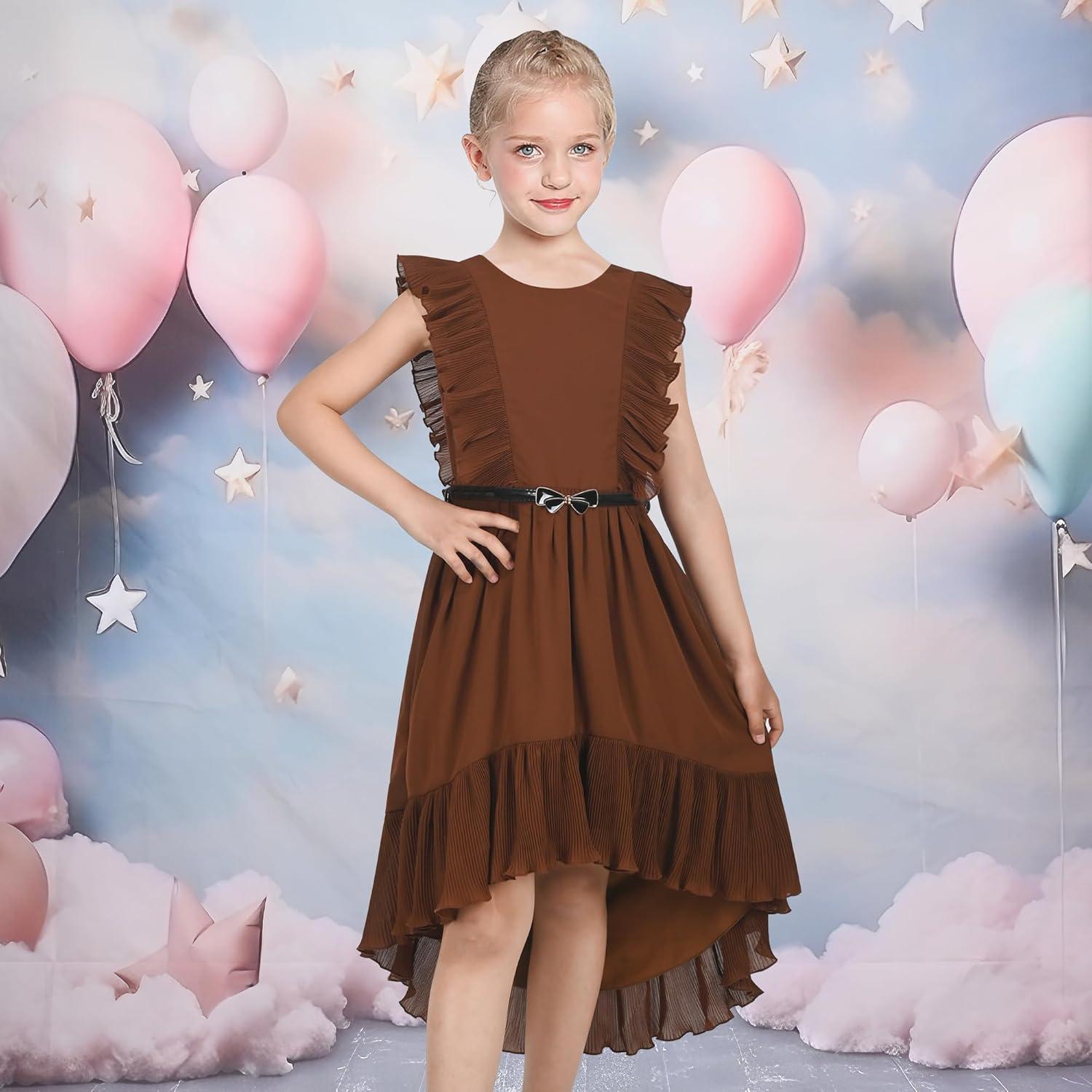 imageSunny Fashion Girls Dress Solid Ruffle Cap Sleeve Belt Hilo Pageant Wedding FormalBrown