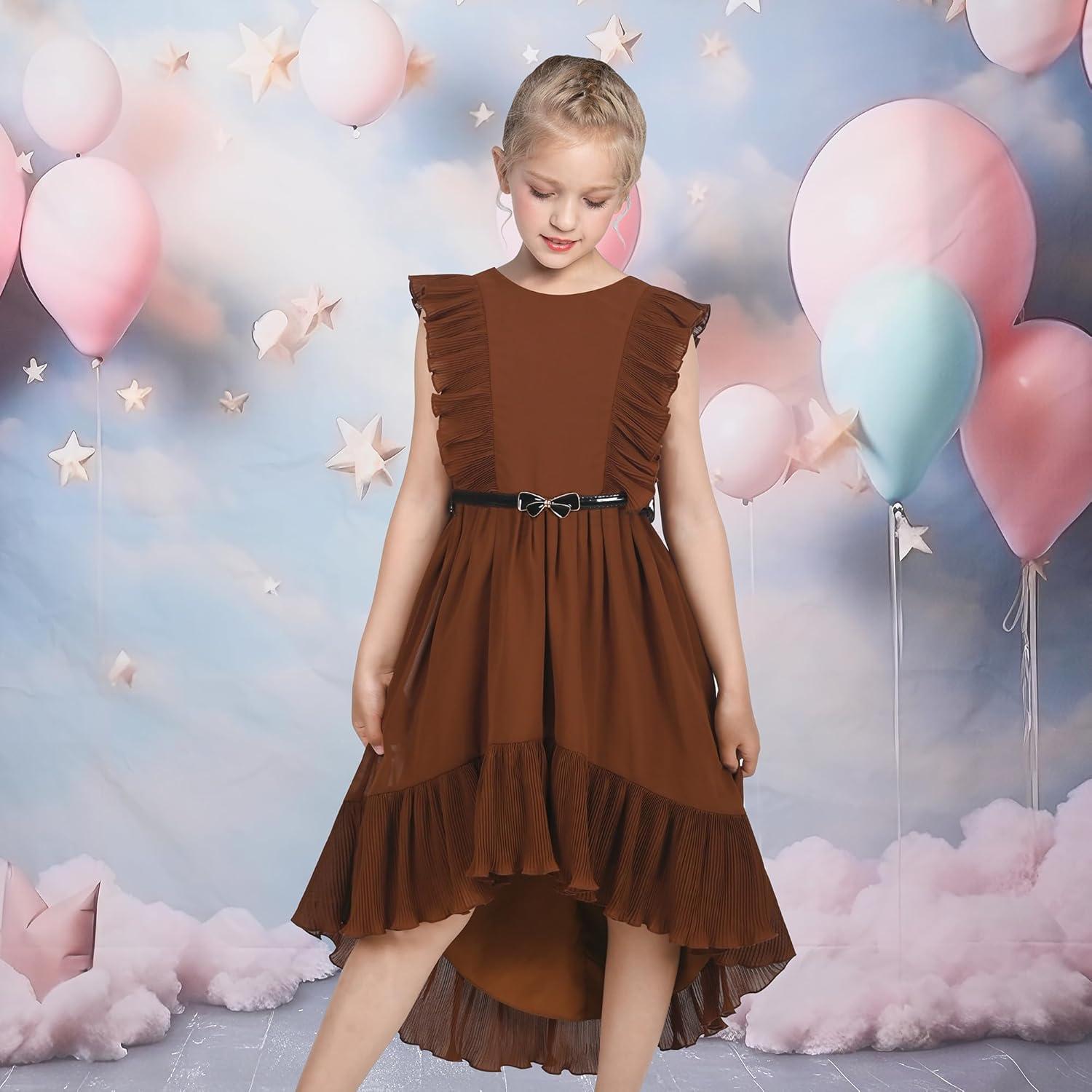 imageSunny Fashion Girls Dress Solid Ruffle Cap Sleeve Belt Hilo Pageant Wedding FormalBrown