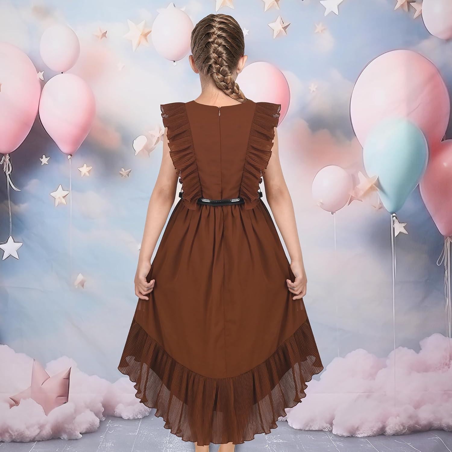imageSunny Fashion Girls Dress Solid Ruffle Cap Sleeve Belt Hilo Pageant Wedding FormalBrown