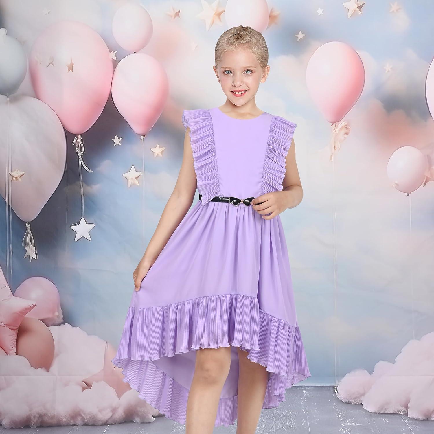 imageSunny Fashion Girls Dress Solid Ruffle Cap Sleeve Belt Hilo Pageant Wedding FormalPurple