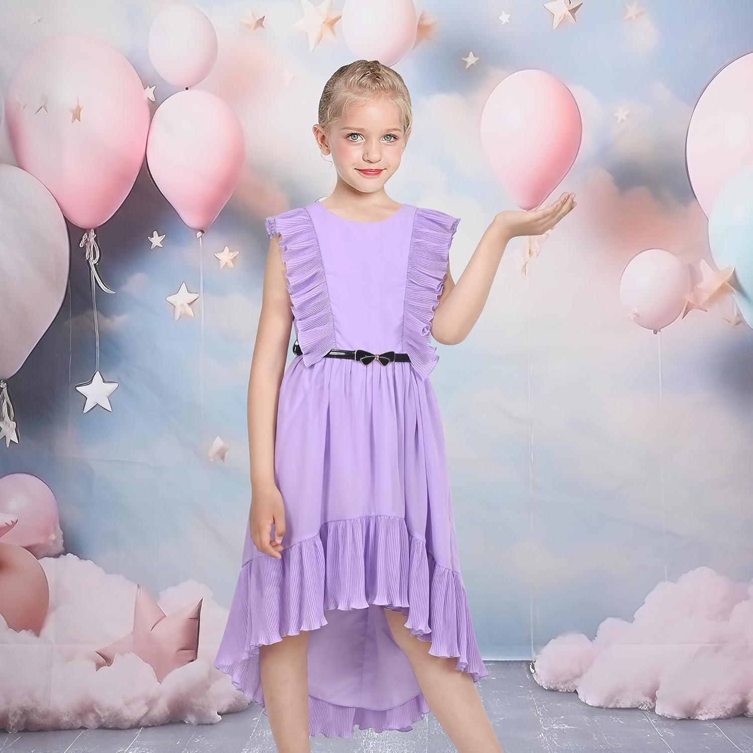 imageSunny Fashion Girls Dress Solid Ruffle Cap Sleeve Belt Hilo Pageant Wedding FormalPurple