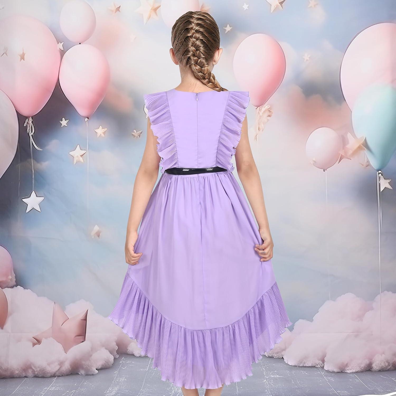 imageSunny Fashion Girls Dress Solid Ruffle Cap Sleeve Belt Hilo Pageant Wedding FormalPurple