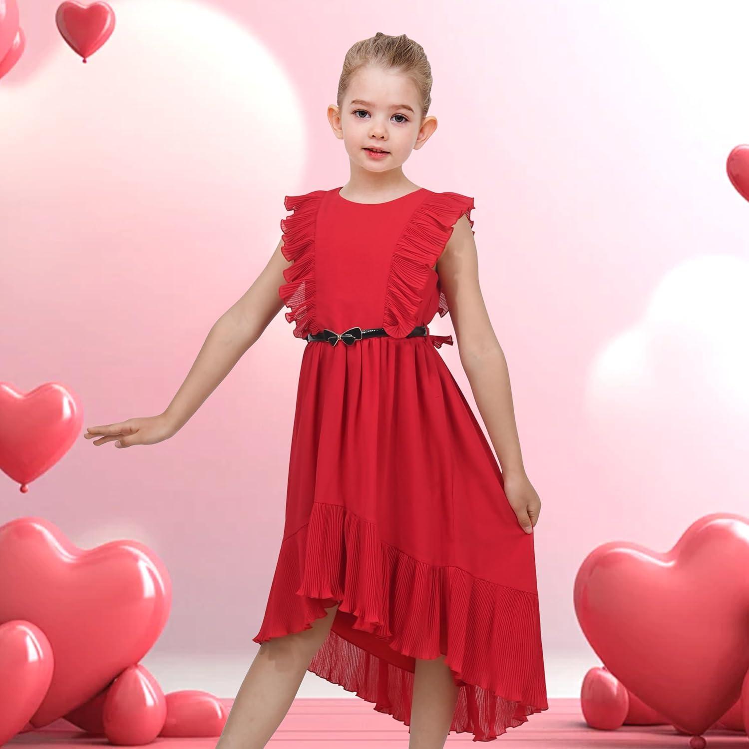 imageSunny Fashion Girls Dress Solid Ruffle Cap Sleeve Belt Hilo Pageant Wedding FormalRed