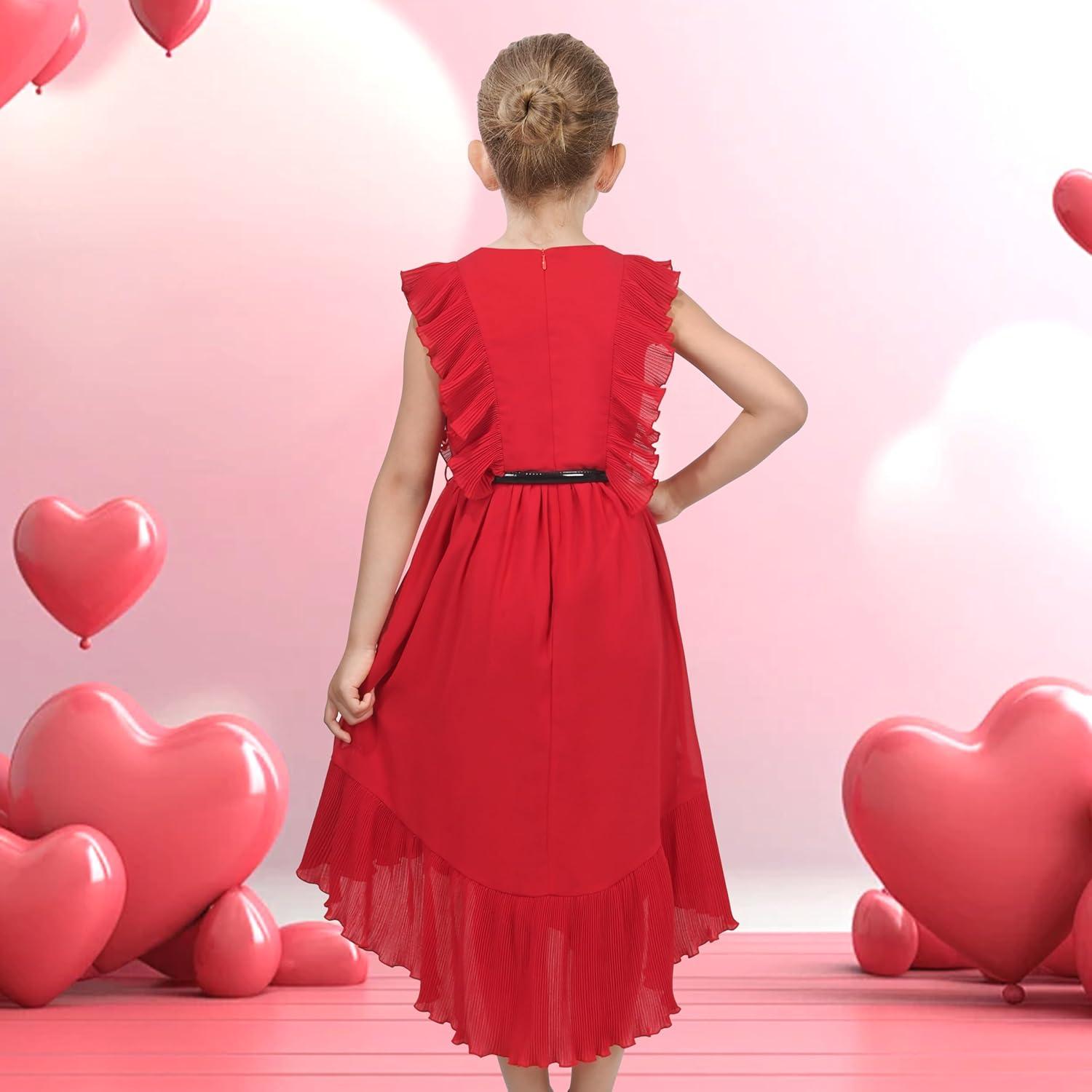 imageSunny Fashion Girls Dress Solid Ruffle Cap Sleeve Belt Hilo Pageant Wedding FormalRed