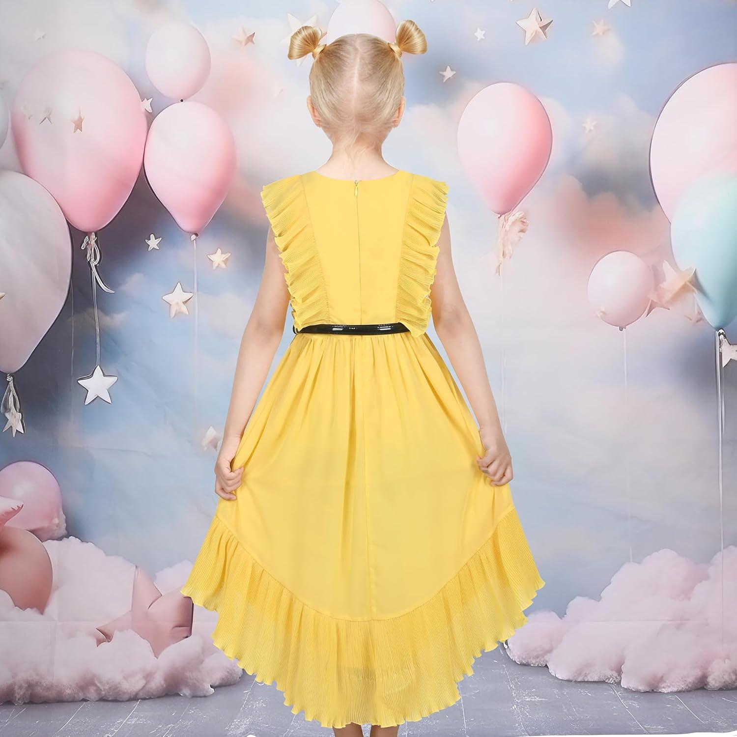 imageSunny Fashion Girls Dress Solid Ruffle Cap Sleeve Belt Hilo Pageant Wedding FormalYellow