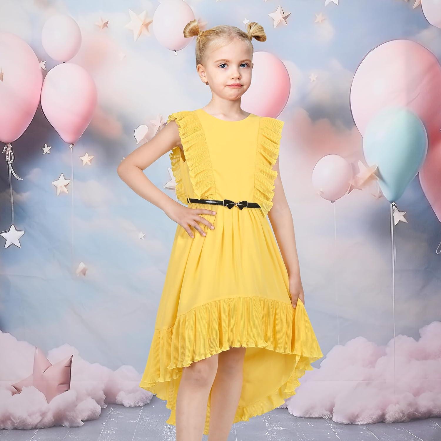imageSunny Fashion Girls Dress Solid Ruffle Cap Sleeve Belt Hilo Pageant Wedding FormalYellow
