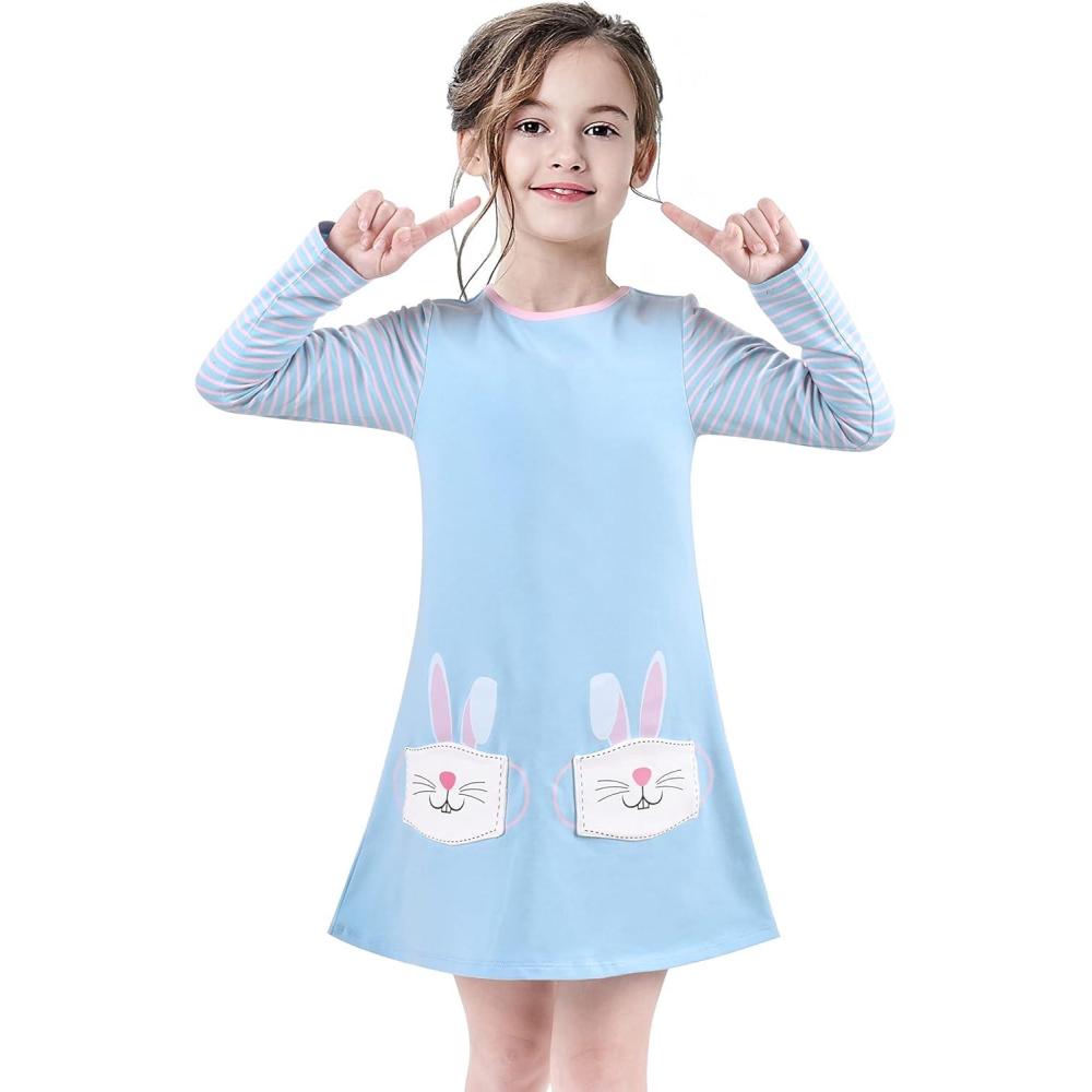 imageSunny Fashion Girls Casual Dress Cotton Long Sleeve Kite Cloud EmbroideredBlue Bunny
