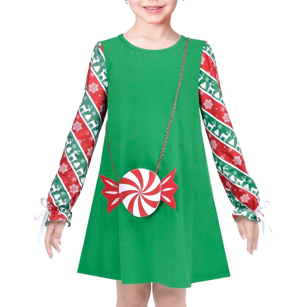imageSunny Fashion Girls Casual Dress Cotton Long Sleeve Kite Cloud EmbroideredGreen Candy Cane