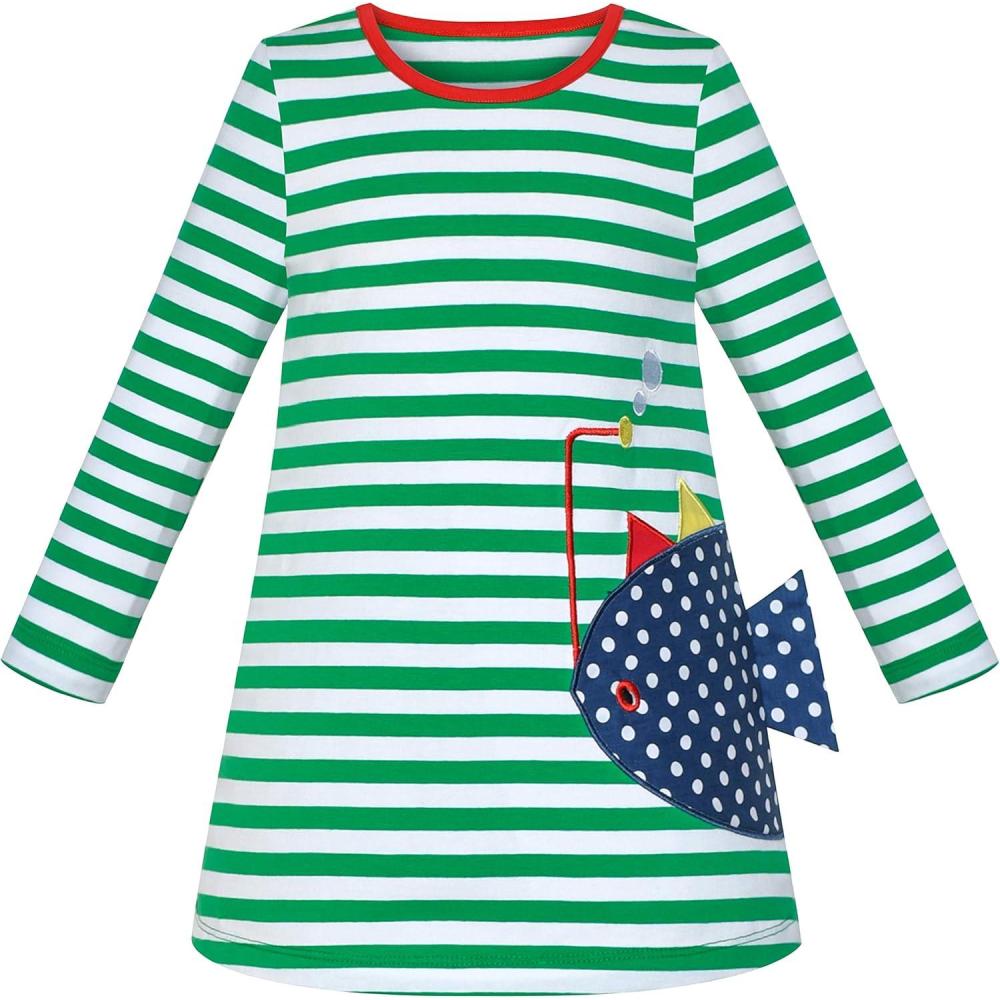 imageSunny Fashion Girls Casual Dress Cotton Long Sleeve Kite Cloud EmbroideredGreen Fish