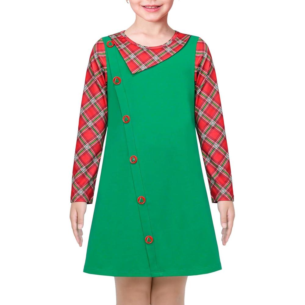 imageSunny Fashion Girls Casual Dress Cotton Long Sleeve Kite Cloud EmbroideredGreen Plaid