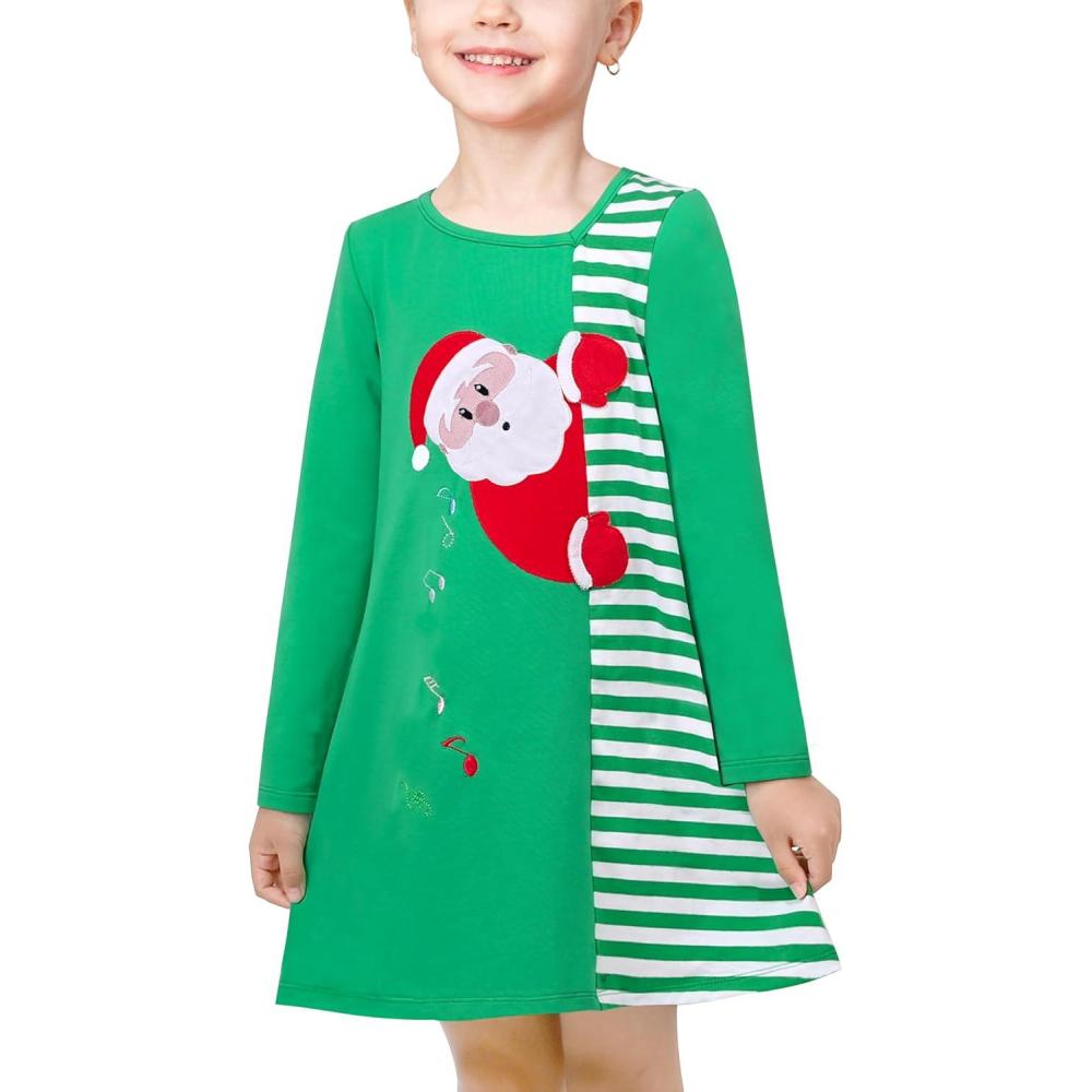 imageSunny Fashion Girls Casual Dress Cotton Long Sleeve Kite Cloud EmbroideredGreen Snowman