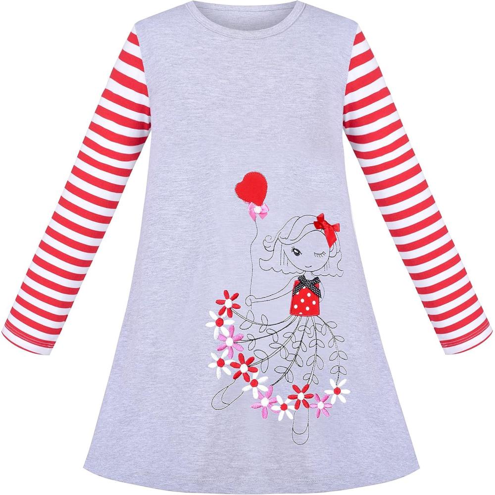imageSunny Fashion Girls Casual Dress Cotton Long Sleeve Kite Cloud EmbroideredGrey Red