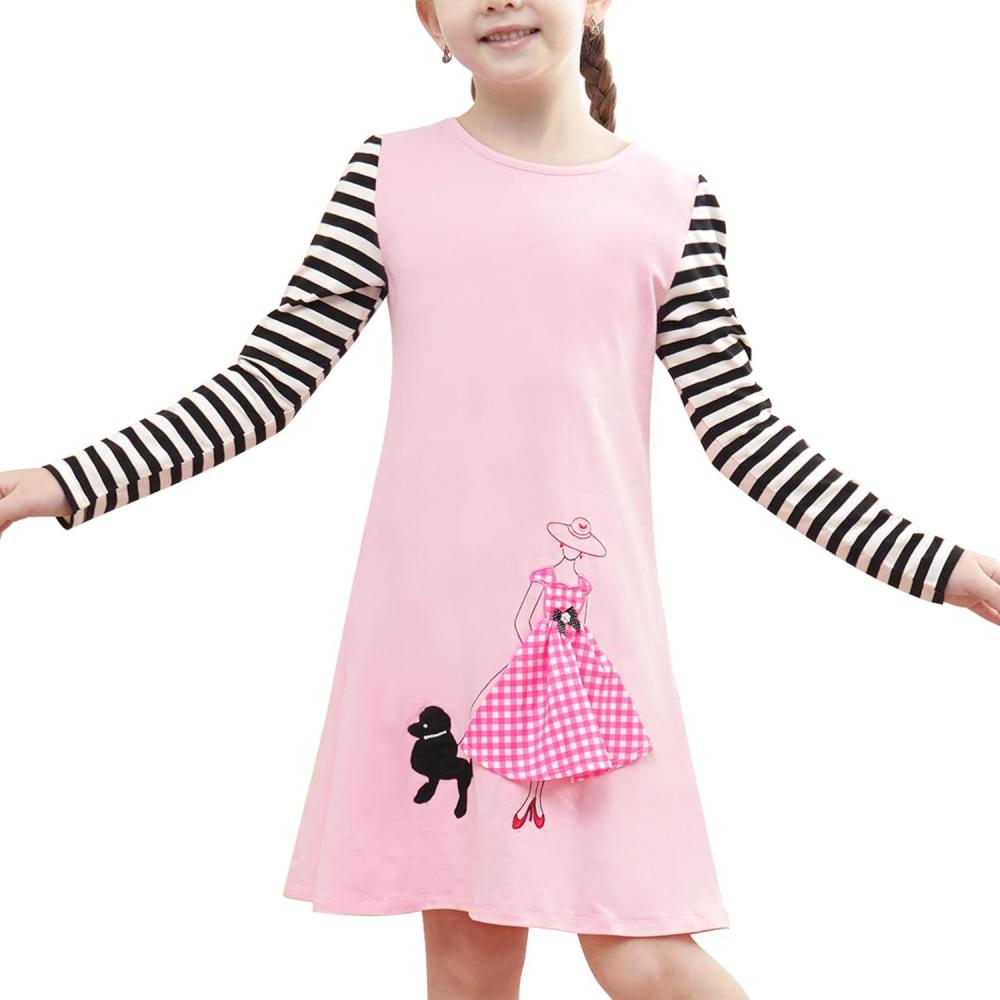 imageSunny Fashion Girls Casual Dress Cotton Long Sleeve Kite Cloud EmbroideredPink Lady