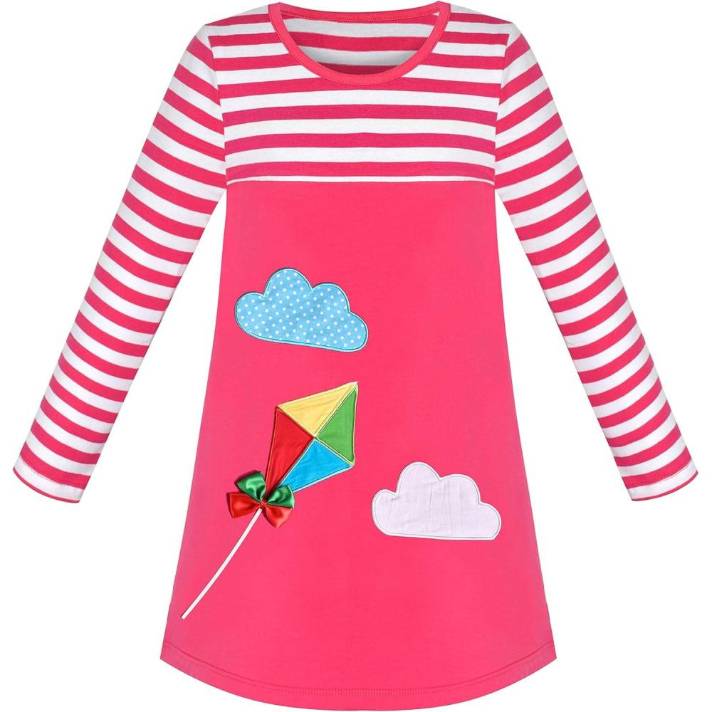 imageSunny Fashion Girls Casual Dress Cotton Long Sleeve Kite Cloud EmbroideredPink Stripes