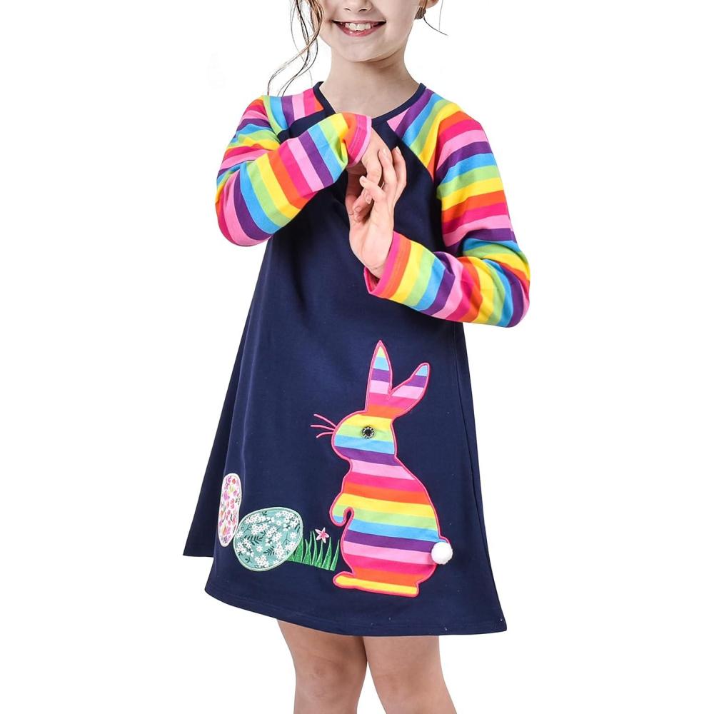 imageSunny Fashion Girls Casual Dress Cotton Long Sleeve Kite Cloud EmbroideredRainbow Bunny