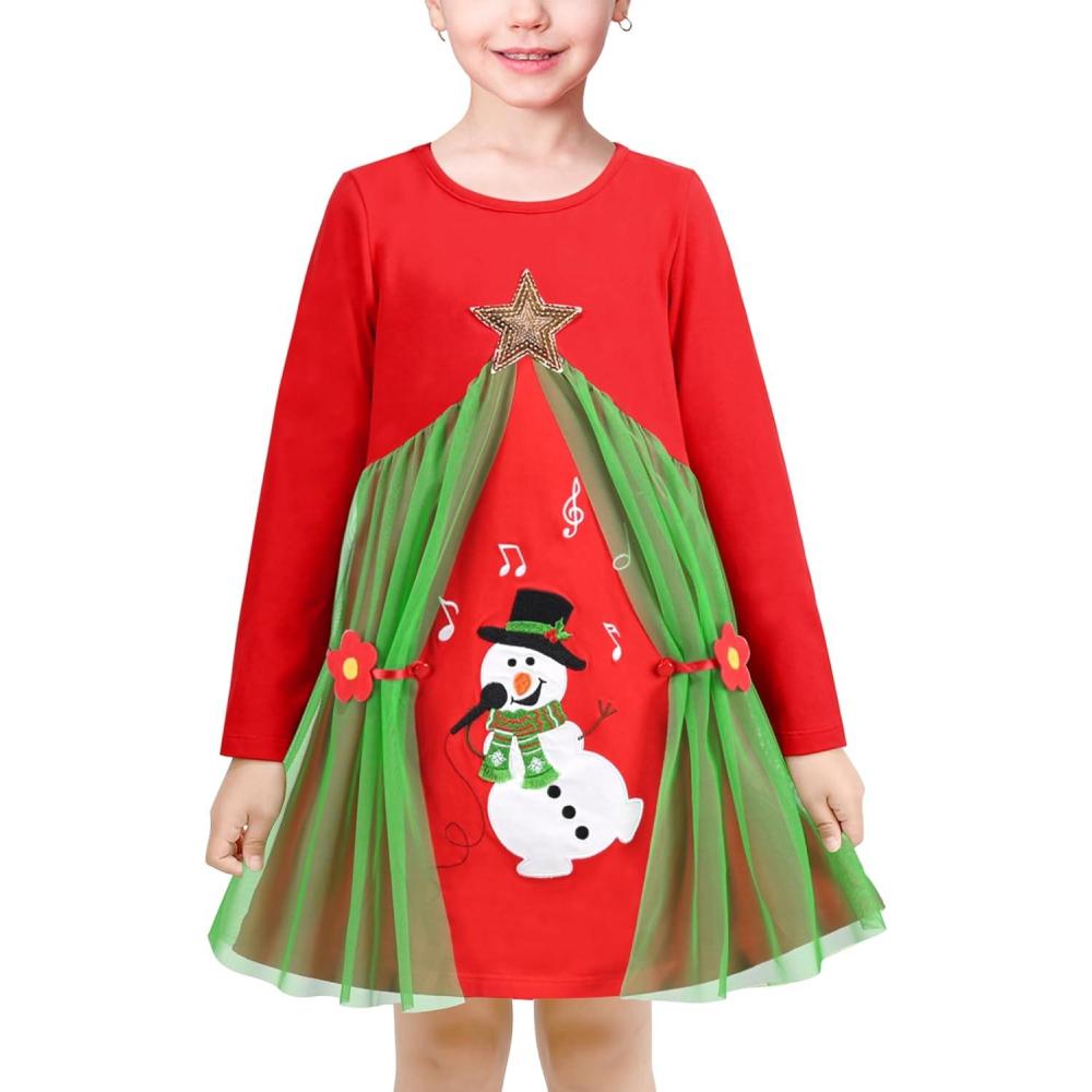 imageSunny Fashion Girls Casual Dress Cotton Long Sleeve Kite Cloud EmbroideredRed Snowman