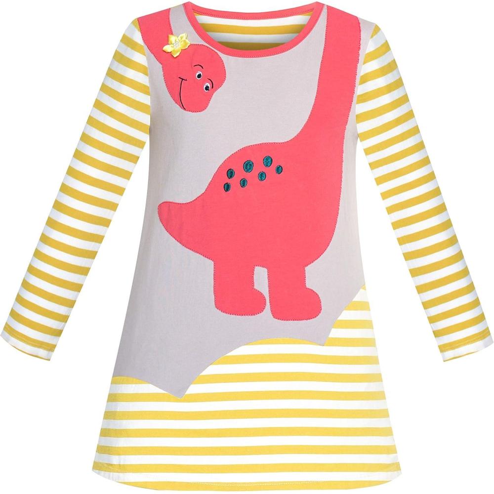 imageSunny Fashion Girls Casual Dress Cotton Long Sleeve Kite Cloud EmbroideredYellow Dinosaur