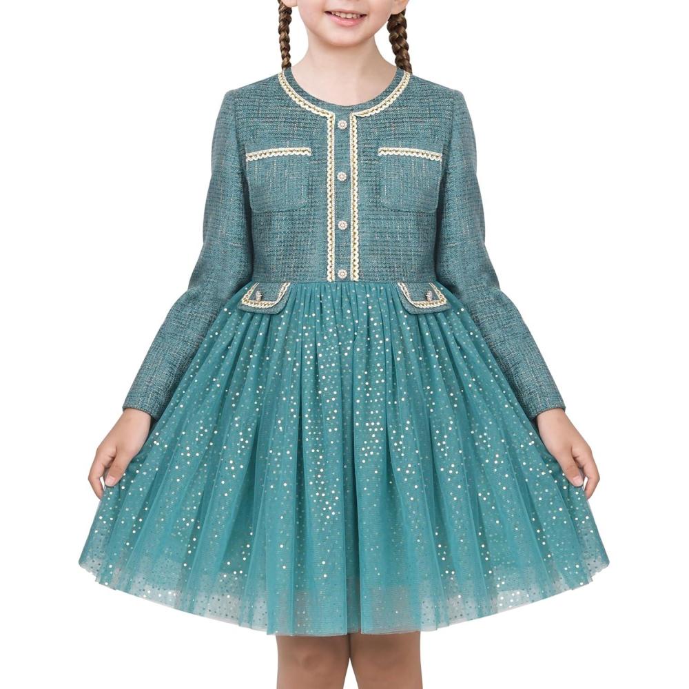 imageSunny Fashion Girls Dress Beige Cream Sequin Heart Butterfly Tulle Skirt Long SleeveBluish Green