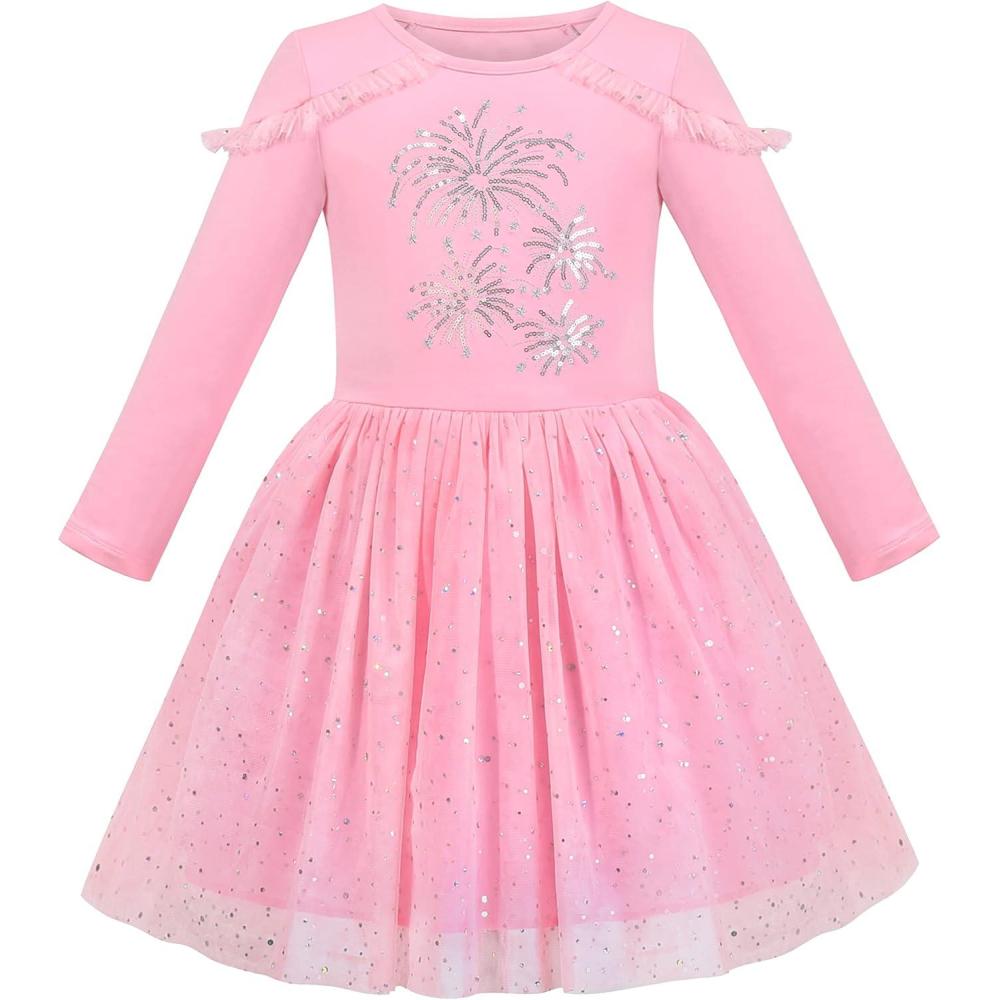 imageSunny Fashion Girls Dress Beige Cream Sequin Heart Butterfly Tulle Skirt Long SleevePink Sequin