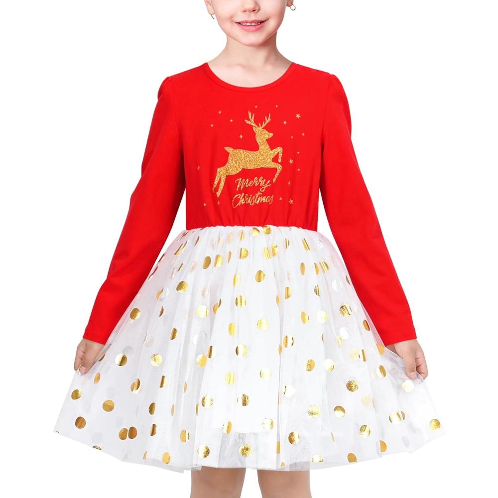 imageSunny Fashion Girls Dress Beige Cream Sequin Heart Butterfly Tulle Skirt Long SleeveRed Reindeer