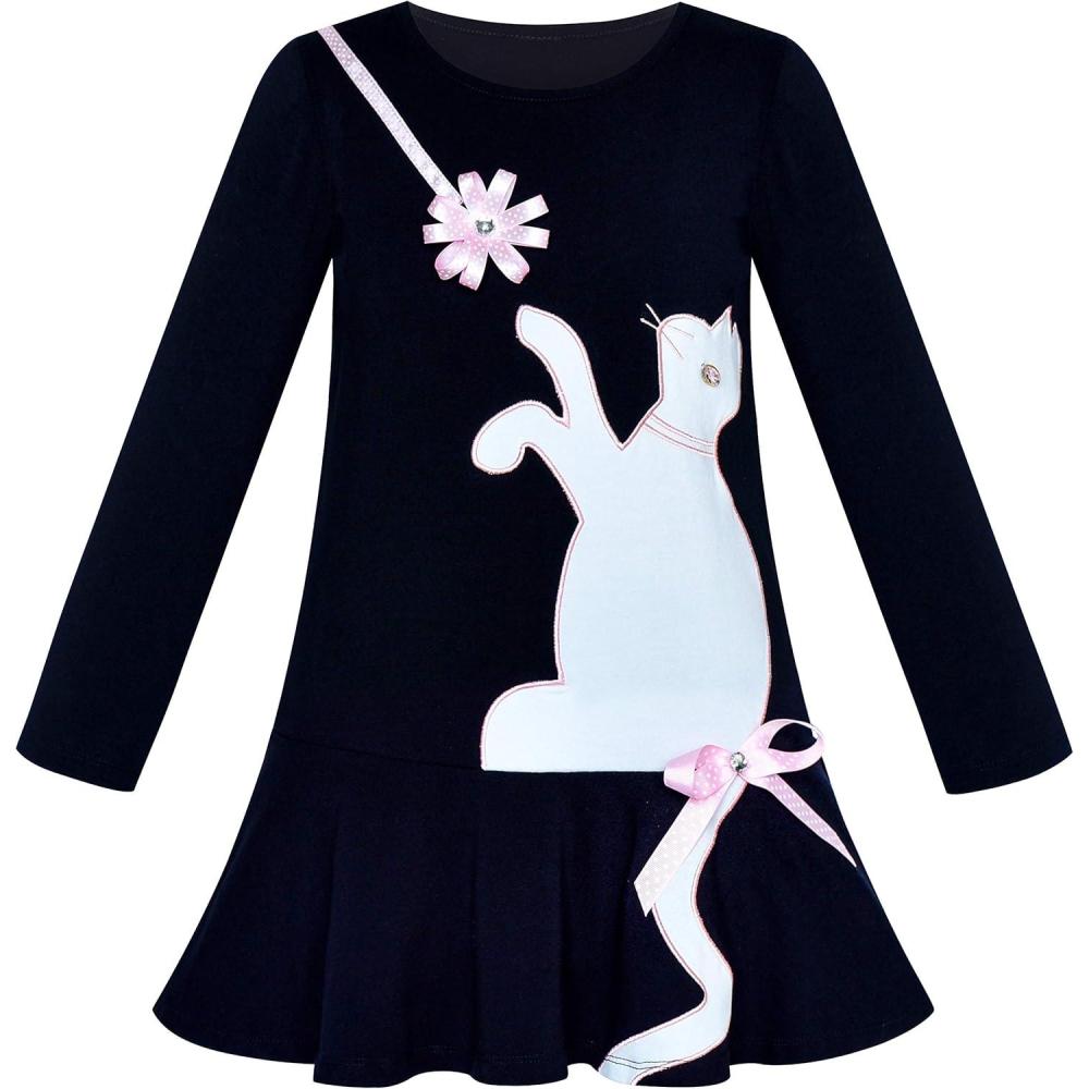 imageSunny Fashion Girls Dress Colorful Daisy Flower Rainbow Long Sleeve CottonBlack