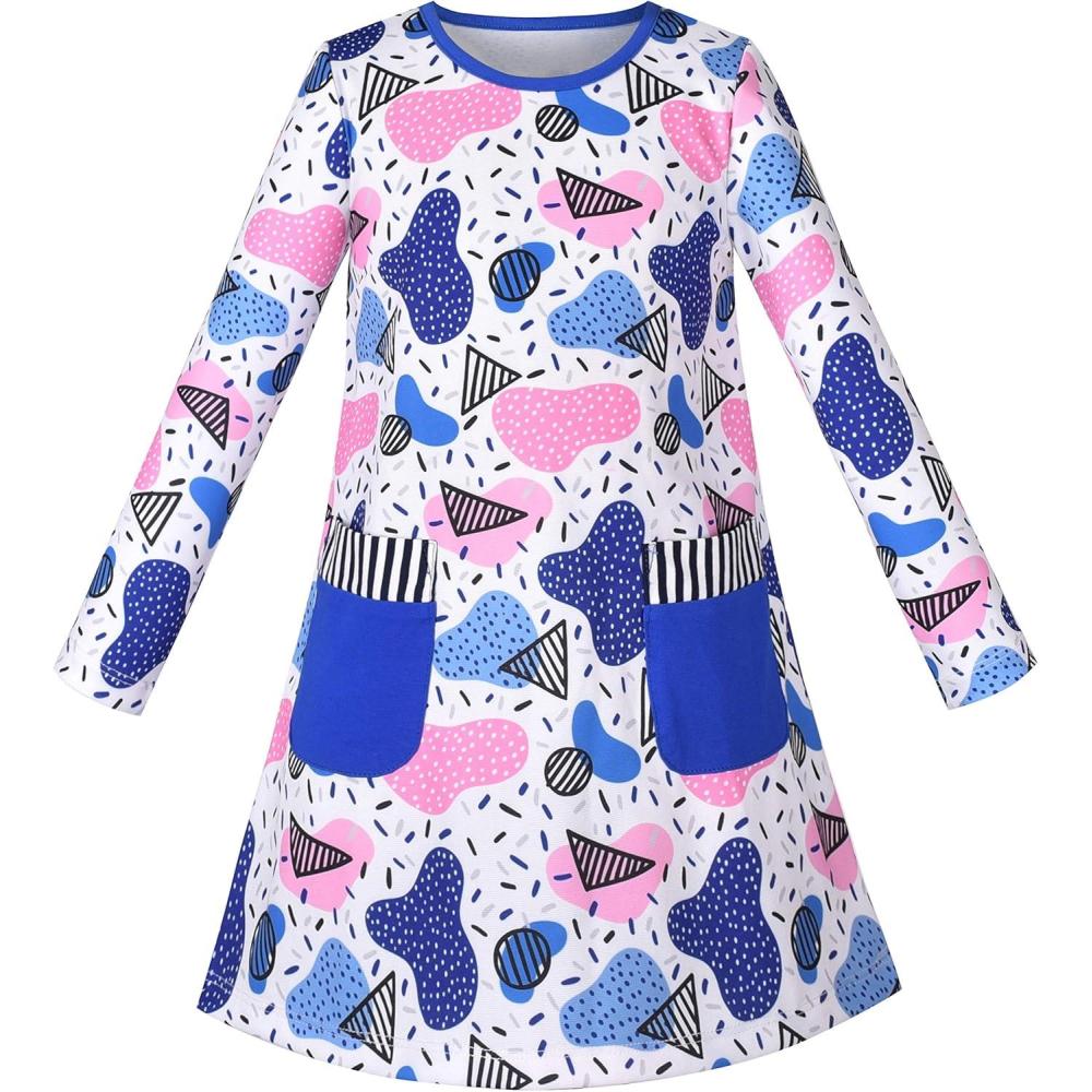 imageSunny Fashion Girls Dress Colorful Daisy Flower Rainbow Long Sleeve CottonBlue Pocket
