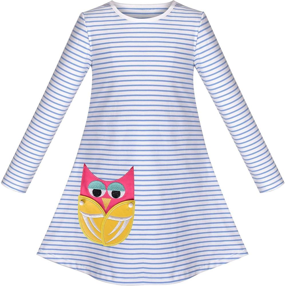 imageSunny Fashion Girls Dress Colorful Daisy Flower Rainbow Long Sleeve CottonBlue Striped Owl