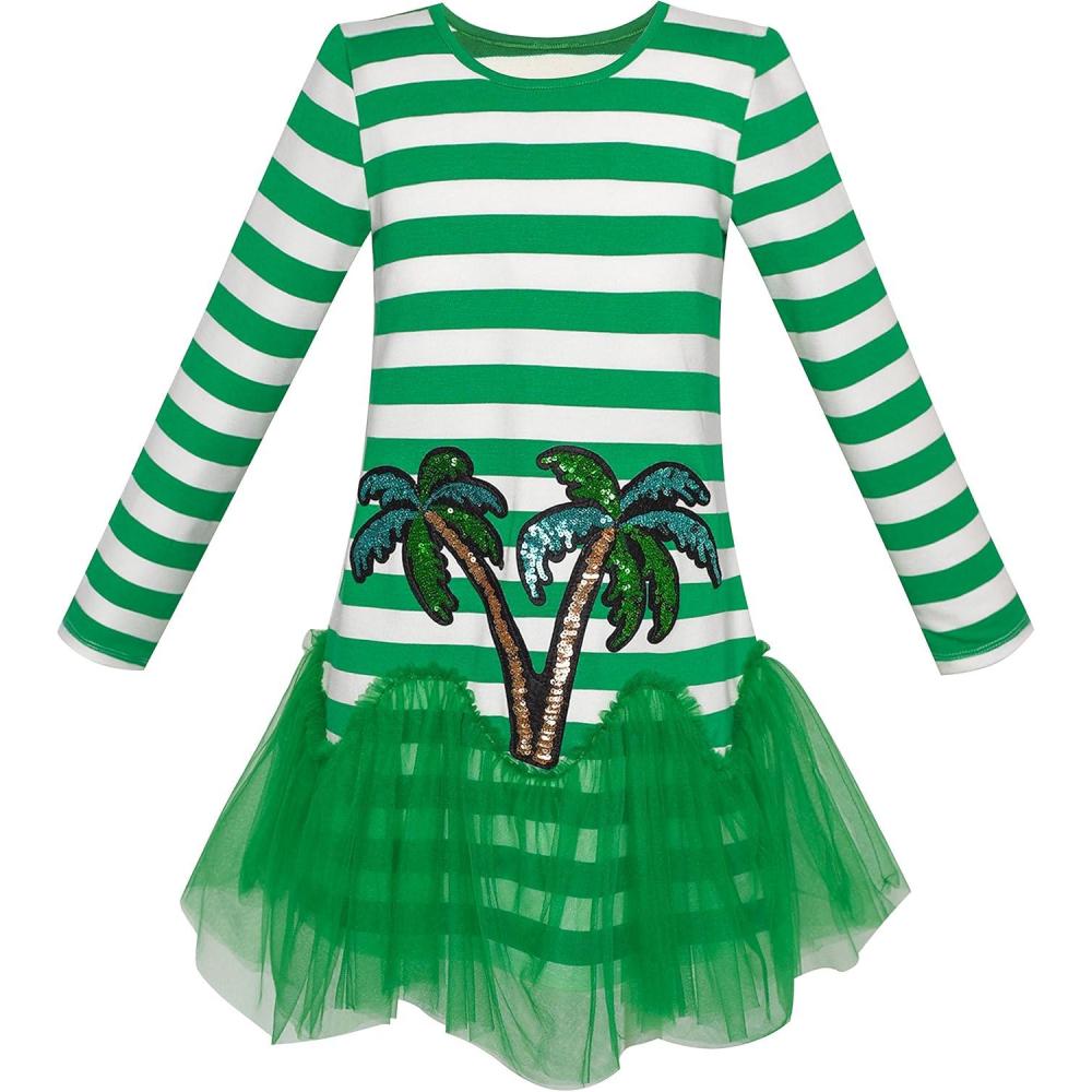 imageSunny Fashion Girls Dress Colorful Daisy Flower Rainbow Long Sleeve CottonGreen