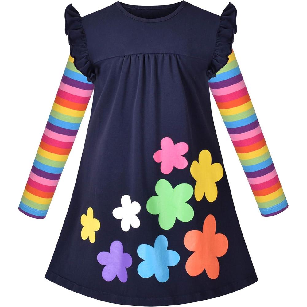 imageSunny Fashion Girls Dress Colorful Daisy Flower Rainbow Long Sleeve CottonRainbow Sleeve