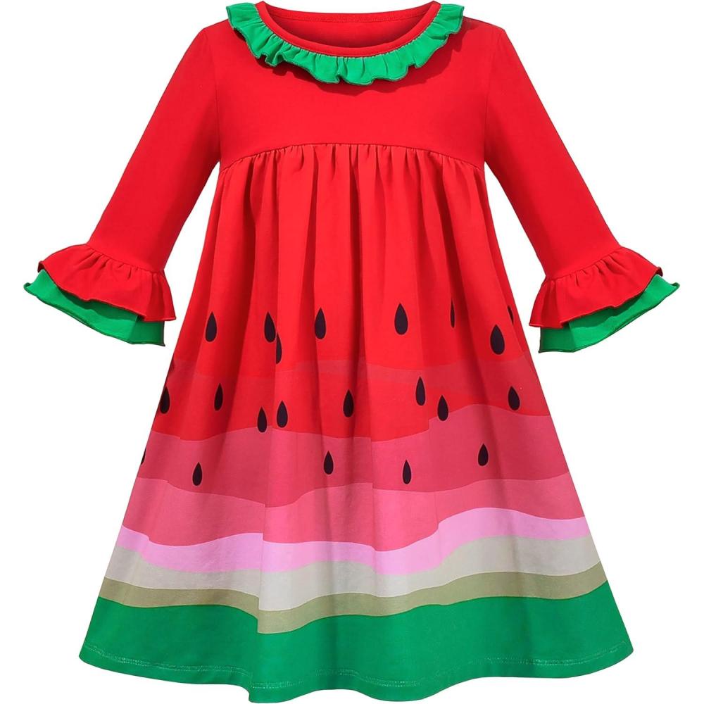 imageSunny Fashion Girls Dress Colorful Daisy Flower Rainbow Long Sleeve CottonRed