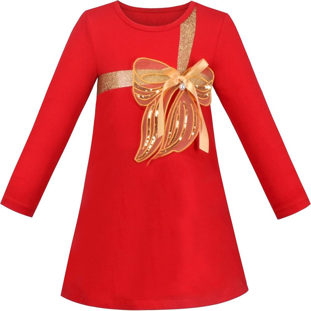 imageSunny Fashion Girls Dress Colorful Daisy Flower Rainbow Long Sleeve CottonRed Golden Tie