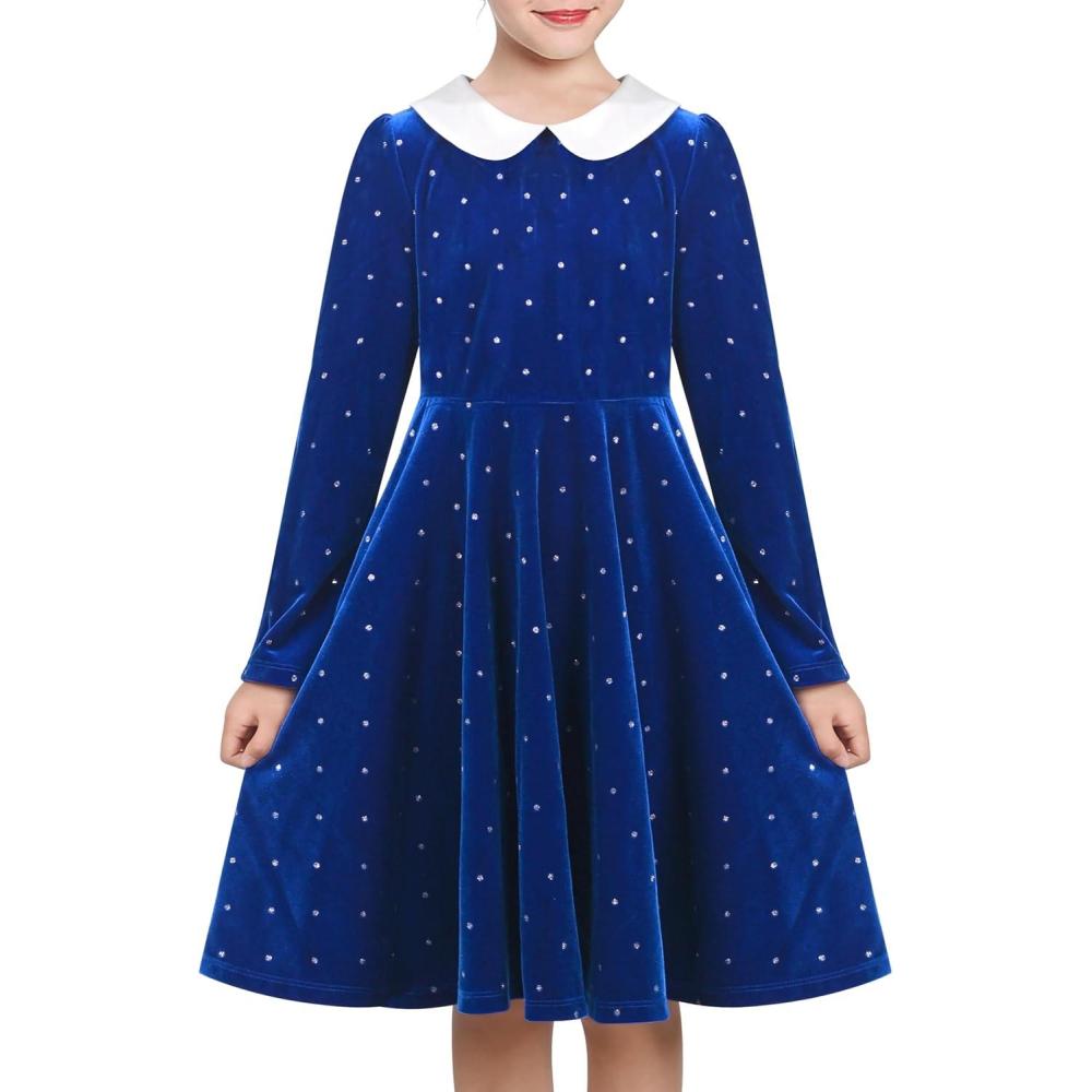 imageSunny Fashion Girls Dress Glitter Golden Star White Collar Casual Warm WinterBlue