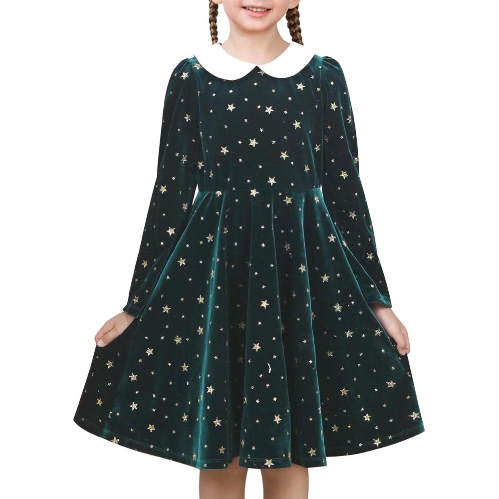 imageSunny Fashion Girls Dress Glitter Golden Star White Collar Casual Warm WinterGreen